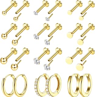 12 Pairs Tiny Stud Hoop Earring 18K Gold Plated Stainless Steel Earring Sets for Multiple Piercing Small Threadless Flat Back Earrings Cartilage Hoop Earrings