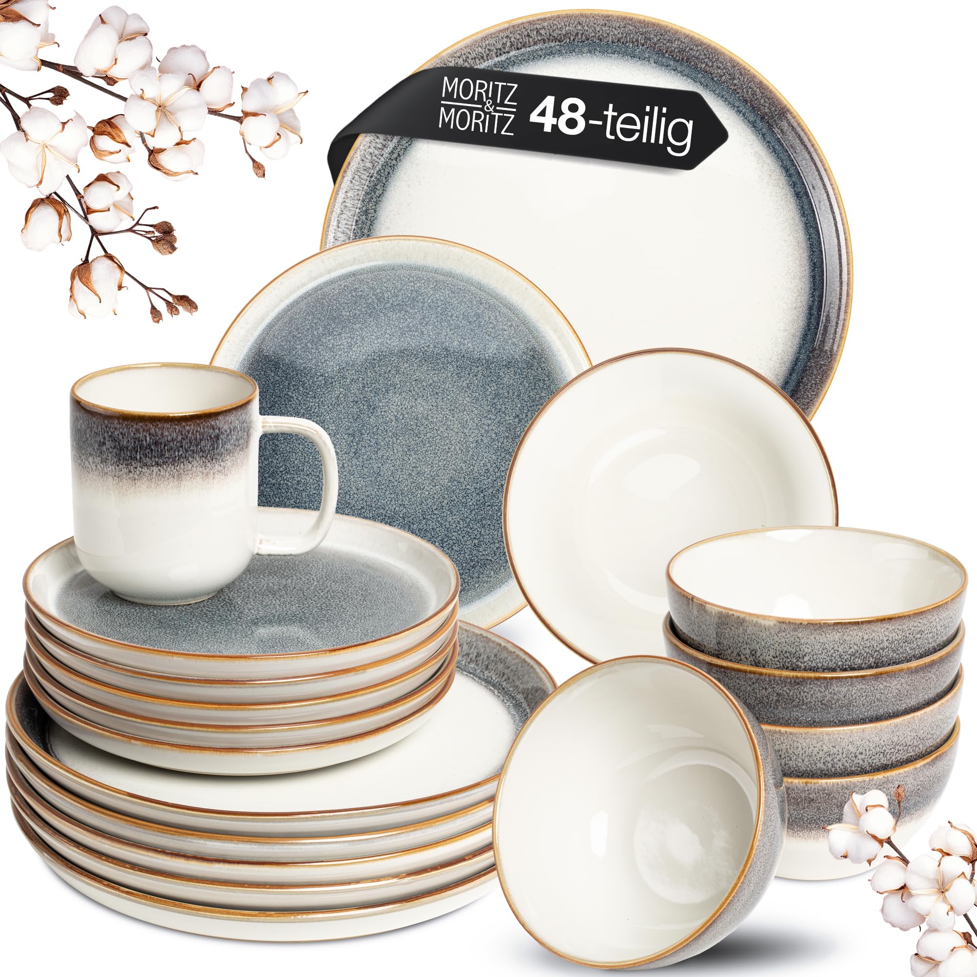 Moritz & Moritz TARENTO 48-tlg. Geschirrset 12 Personen Grau - Elegantes Teller Set aus hochwertigem Steinzeug - Geschirr Set aus 12x Dinnerteller, 12x Dessertteller, 12x Suppenteller & 12x Tassen