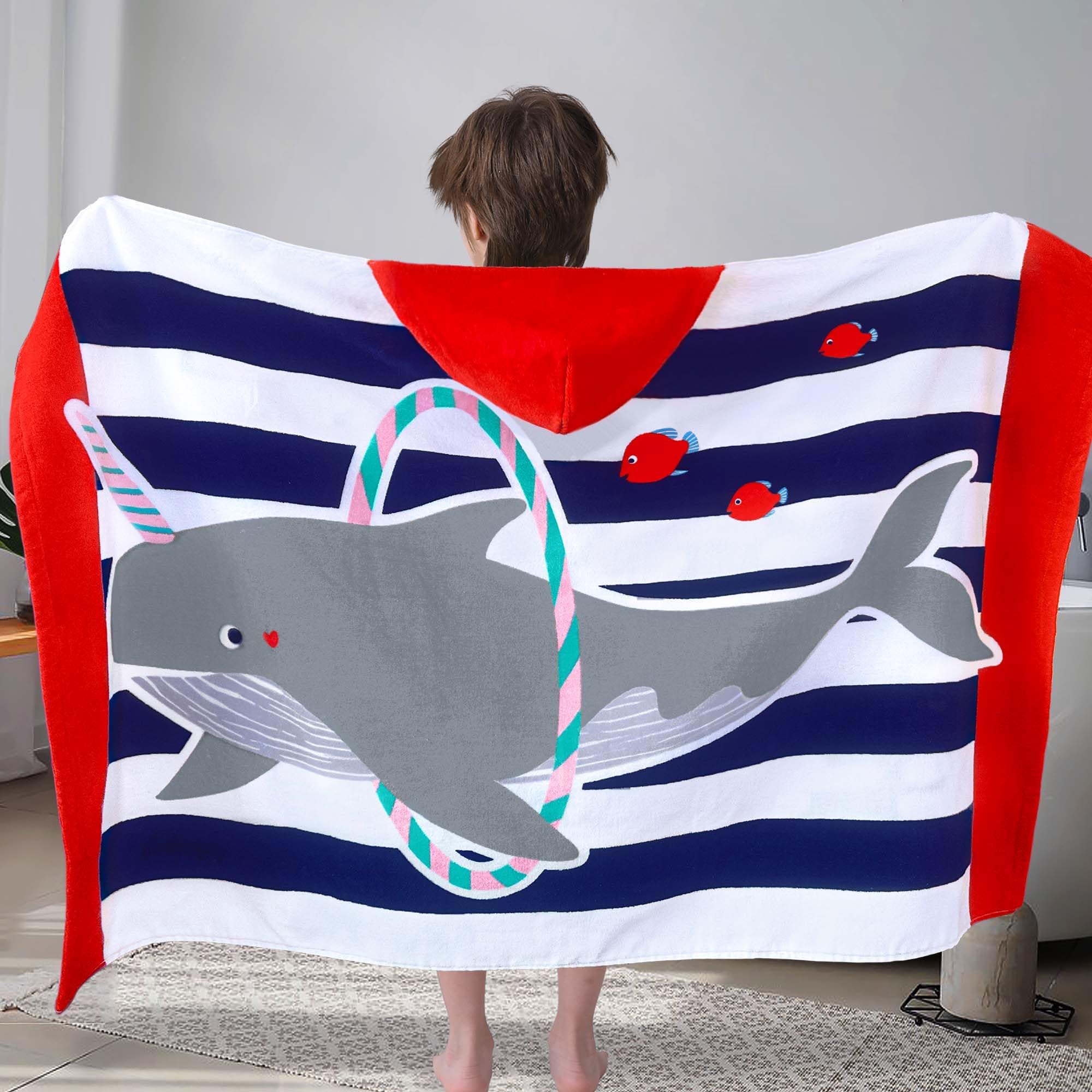 VOOVA & MOVAS Toallas de playa con capucha para niños (3-10 años, 30 x 50 pulgadas), toalla absorbente 100% algodón para niños, perfectas para la playa, piscina, baño, natación, narval Hula-Hooping
