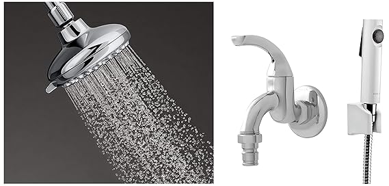 Kohler 75567IN-CP ABS Overhead Shower, Metallic, Chrome Finish&Kohler Cuff Health Faucet for Bathroom &Kohler Complementary Bib Tap for Washing Machine 13900IN-4-CP