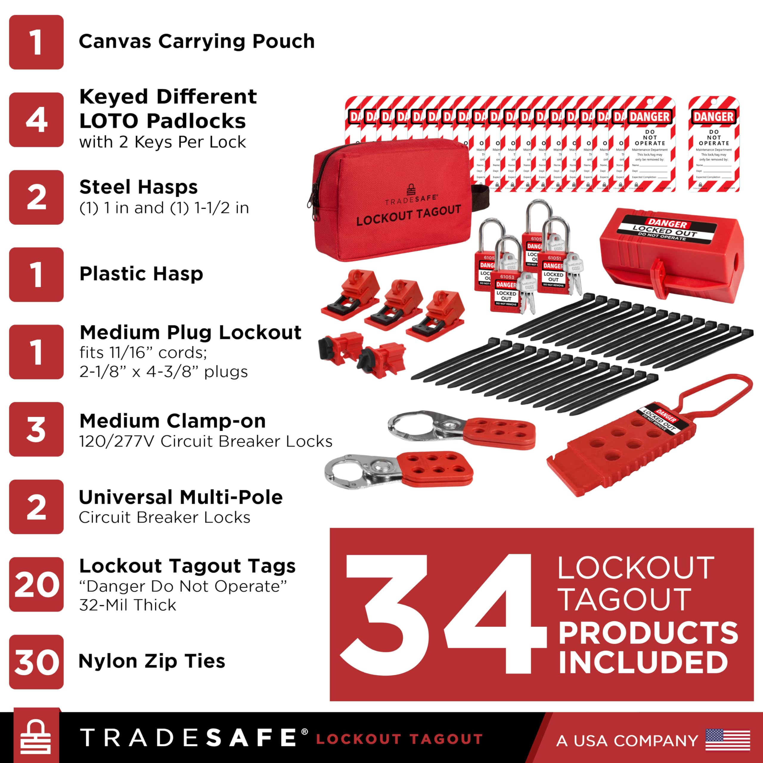TRADESAFE Kit di blocco elettrico – fermagli, morsetti e interruttori multipolari universali, etichette Loto, blocco spina, set di serrature Loto (2 chiavi per lucchetto) per serrature elettriche