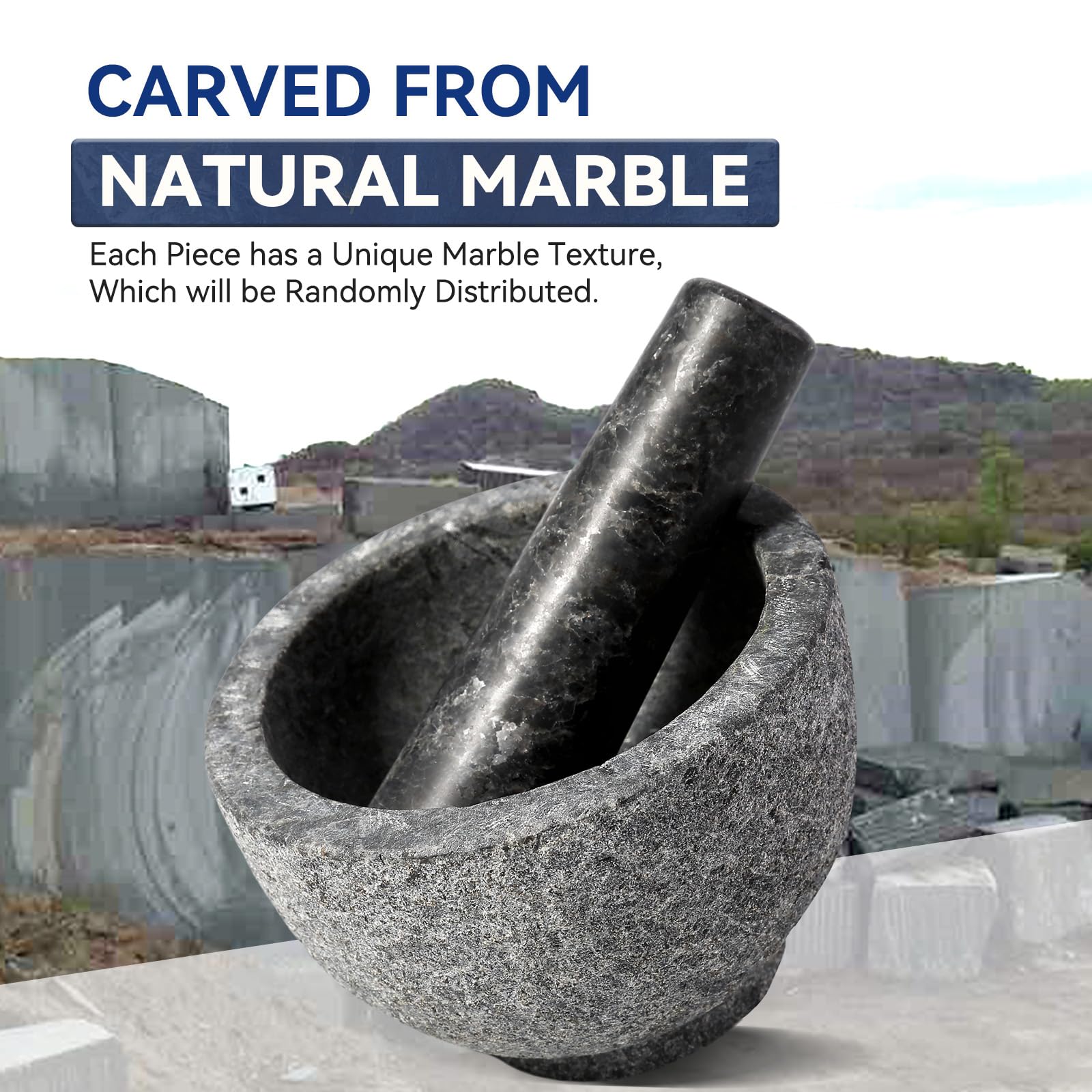 Koville Juego de mortero y mortero de granito africano de lujo, cuenco de molinillo para guacamole, salsa, triturador de píldoras, especias, hierbas, ajo, nueces, molinillo resistente para cocina