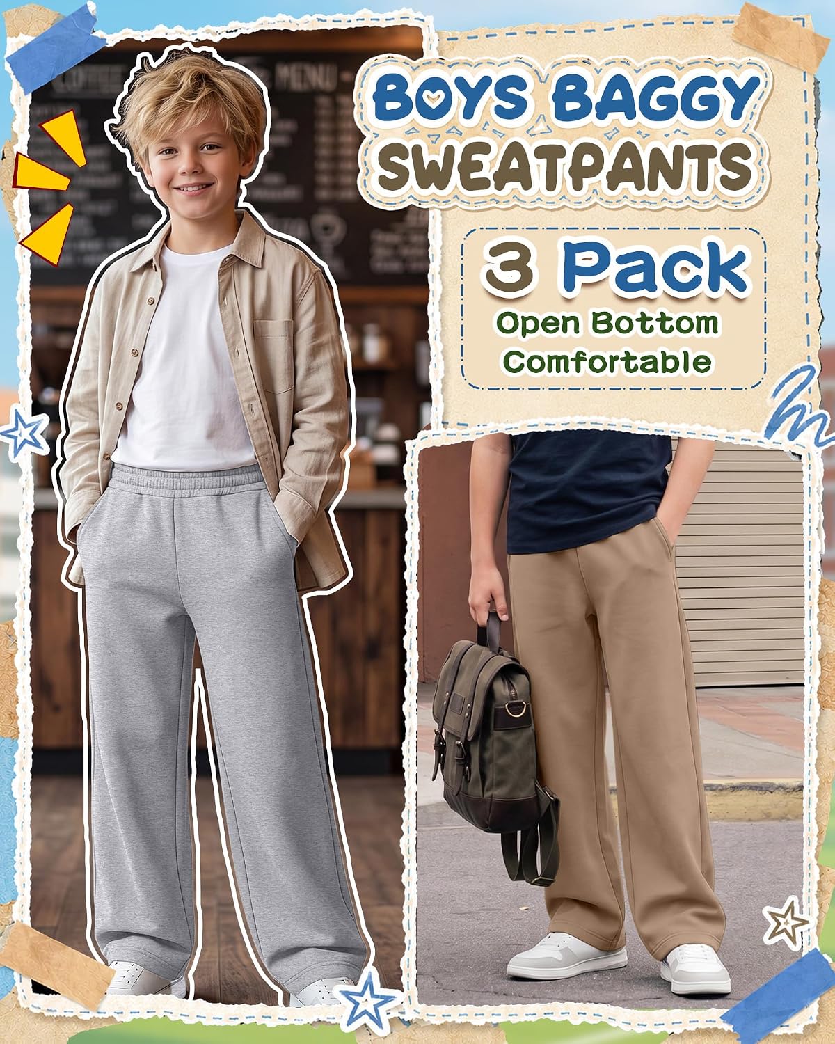3 Pack Boys Baggy Sweatpants Kids Wide Leg School Uniform Athletic Jogger Youth Open Bottom Pants with Pockets