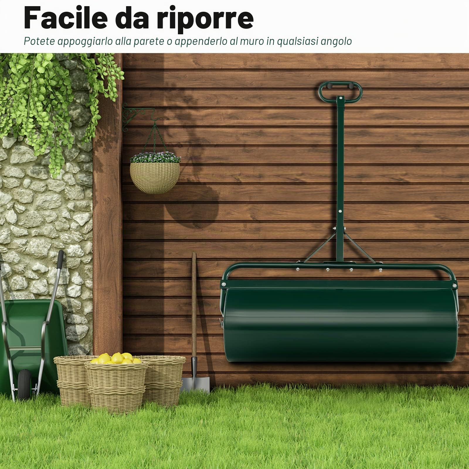 FANTASK Rullo per prato in metallo, Ø 30 cm, rullo manuale con manico 63 l, rullo per carichi pesanti, riempito con acqua e sabbia, rullo da giardino, rullo per prato