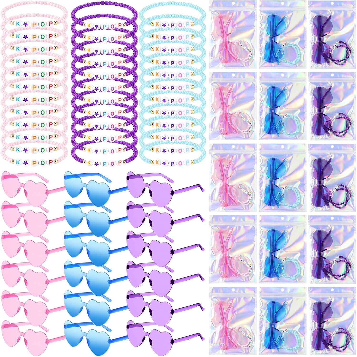 Quelay 72 Pcs Kpop Party Favors Set Popular Singer Party Supplies Gifts Set Friendship Beaded Bracelets with Sunglasses Holographic Kpop Gift Bags for Women Y2k Disco Fans Birthday Concert(Heart)