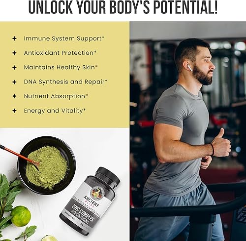 Miniatura 3 de Ancient Bliss - Cápsulas complejas de zinc con absorción mejorada, suplemento antioxidante y de apoyo inmunológico, suplemento de zinc para hombres