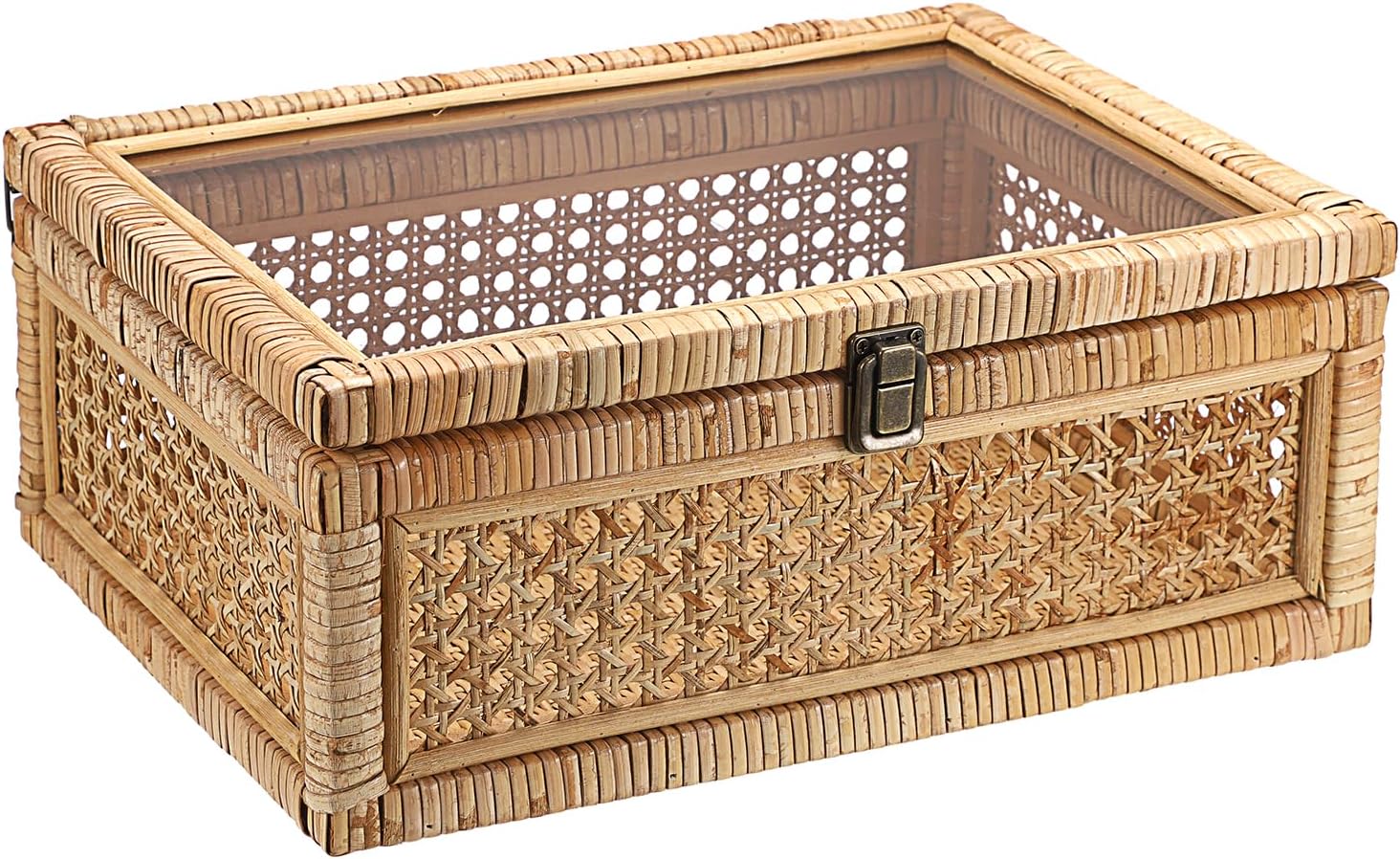 Hipiwe Vintage Decorative Box with Clear Lid Rattan and Wood Display Boxes Handcrafted Shelf Basket Bin Large Wicker Storage Basket Rectangular keepsakes Box for Bathroom Home Decor, 14x10x5.7 inch