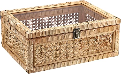 Hipiwe Caja decorativa vintage con tapa transparente de ratán y madera, cesta de almacenamiento de mimbre grande hecha a mano, caja de