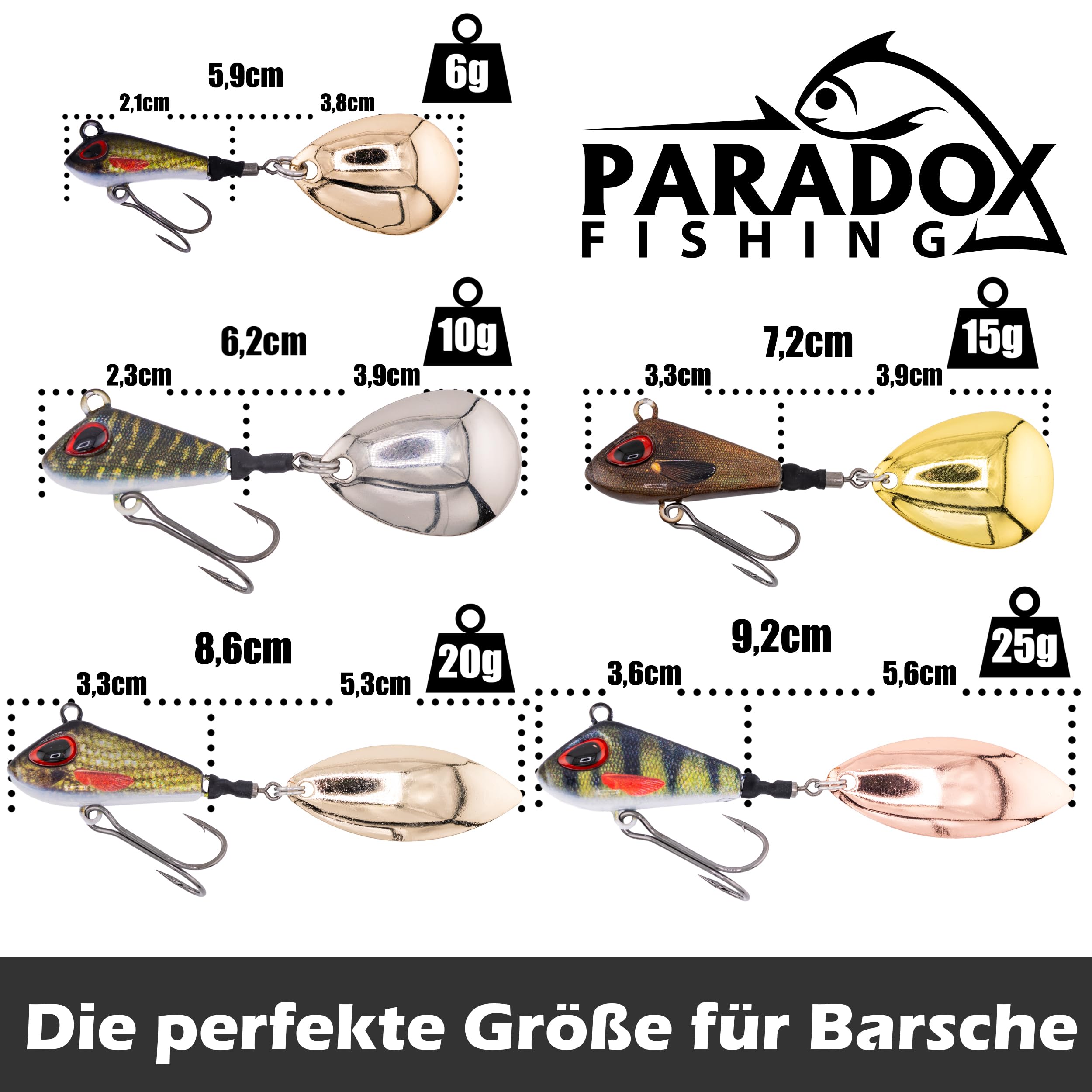 Paradox Fishing Jig Spinner zestaw 5 sztuk 6 g/10 g/15 g/20 g/25 g Delusory Spin Jig do łowienia okonia, przynęty na okonie, sandacze, szczupaki, spinningowe przynęty – optymalna przynęta na okonie