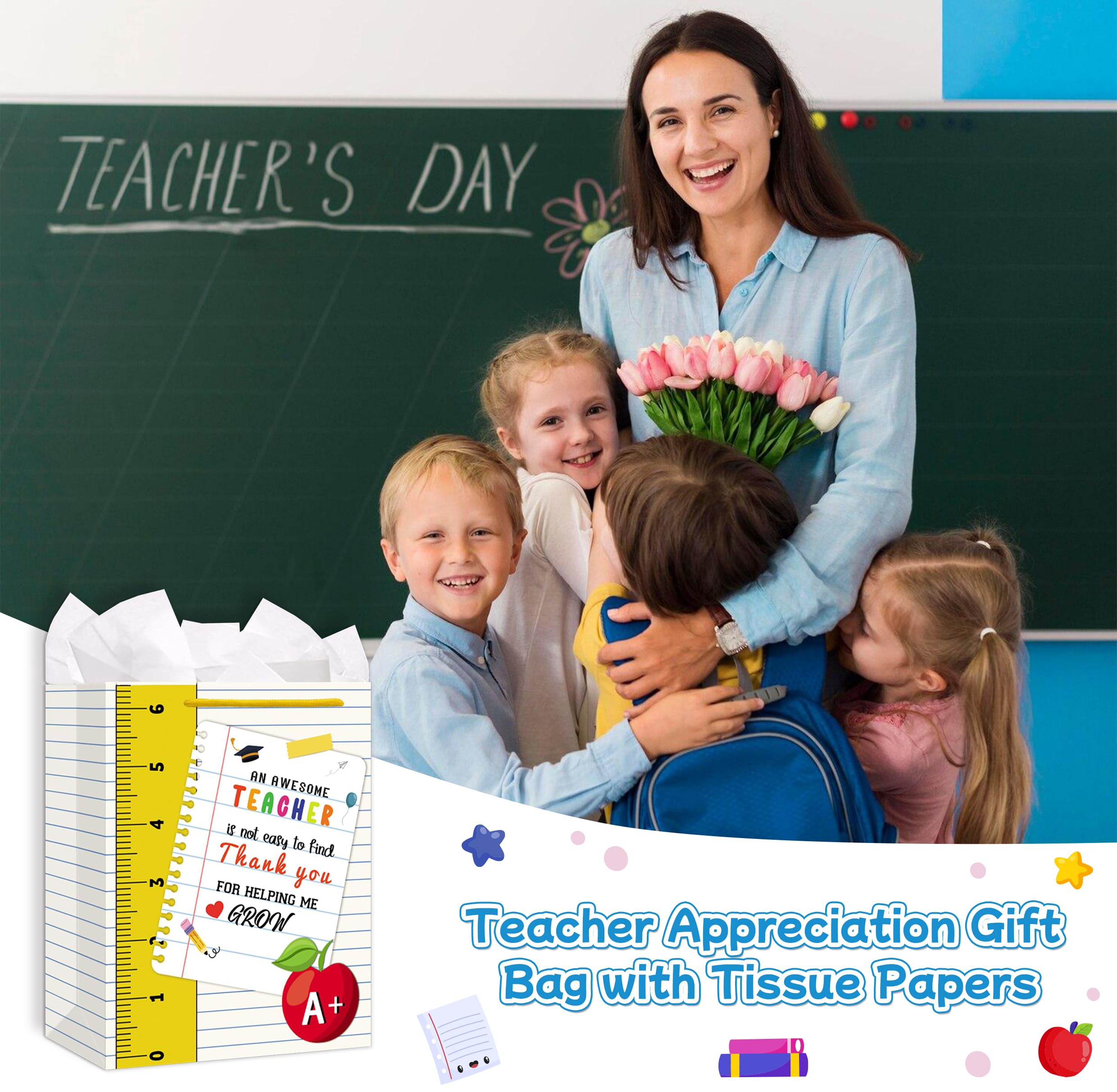 LIJUGITF Teacher Appreciation Gift Bag with Tissue Paper, 13" Large Thank You Gift Bag for Teacher Appreciation Week, End of Year, Graduation, Back to School Supplies, Paper Gifts Wrapping Bags