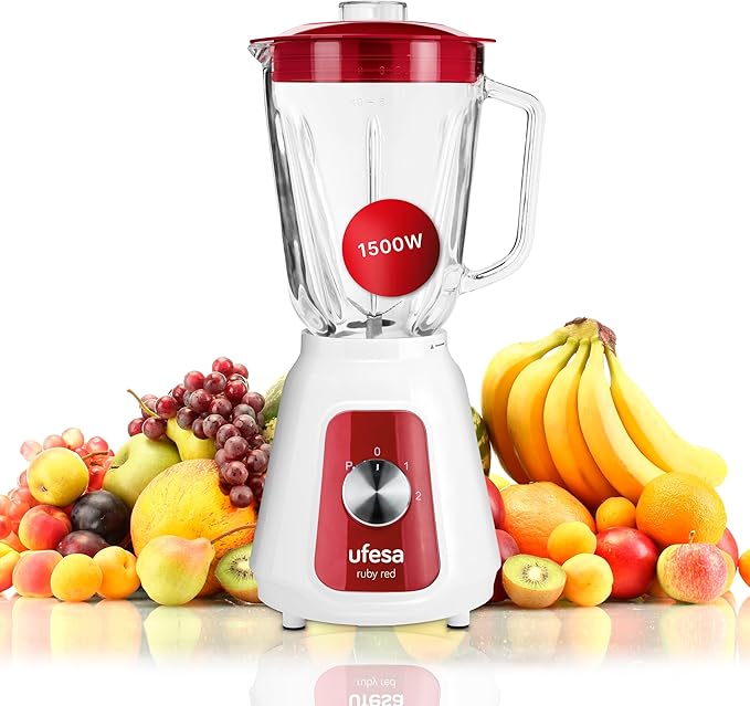Ufesa BS4717 Ruby Red Batidora de Vaso, 1500W Potencia Max, Jarra de Cristal de 1.5L, 2 Velocidades + Pulse, Cierre Hermético, Pica hielo, 4 Cuchillas de Acero Inoxidable, Libre de BPA, Blanco/Rojo