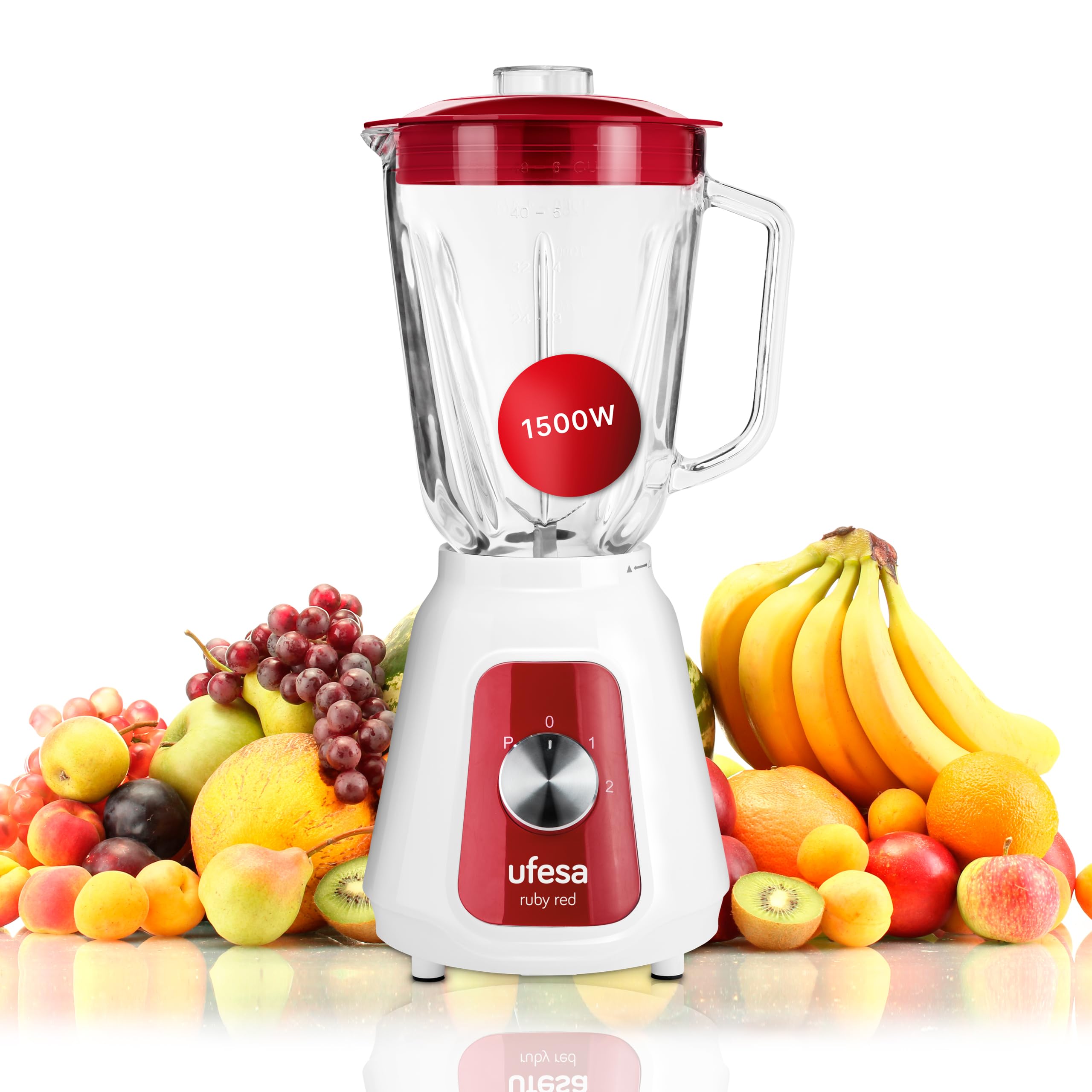 Ufesa BS4717 Ruby Red Batidora de Vaso, 1500W Potencia Max, Jarra de Cristal de 1.5L, 2 Velocidades + Pulse, Cierre Hermético, Pica hielo, 4 Cuchillas de Acero Inoxidable, Libre de BPA, Blanco/Rojo