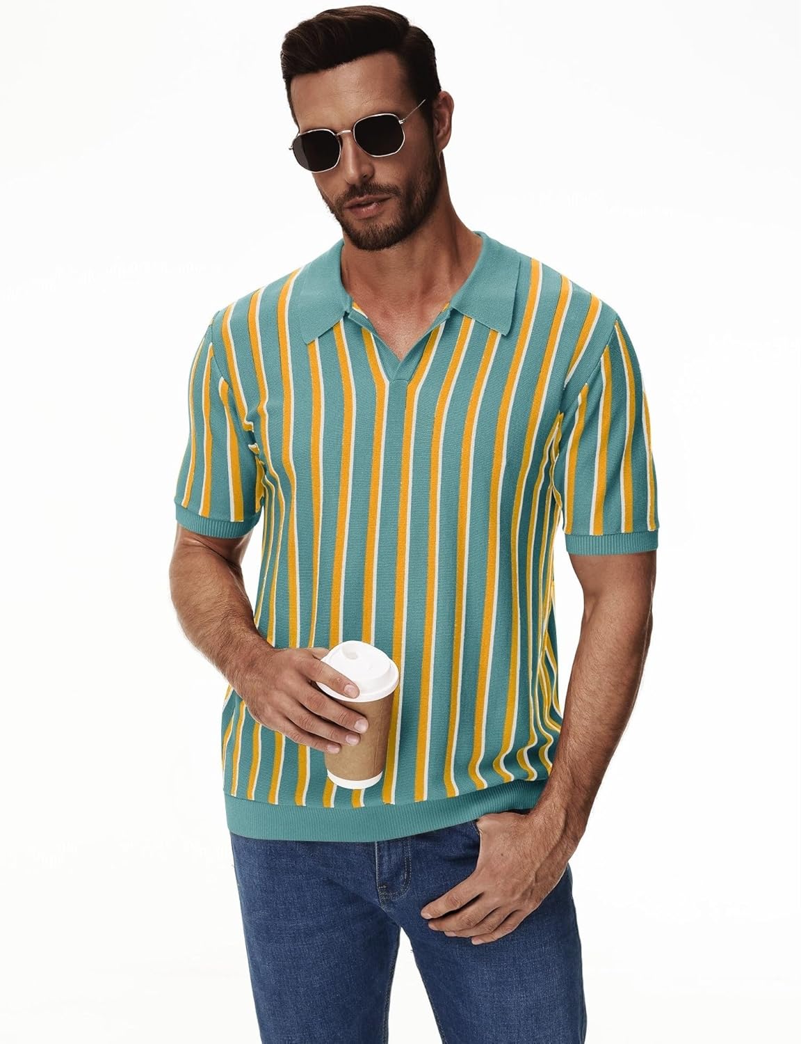iWoo Men's Knit Polo Shirts Short Sleeve Casual Vintage Striped Golf Polo Classic Collared T Shirt - Image 4