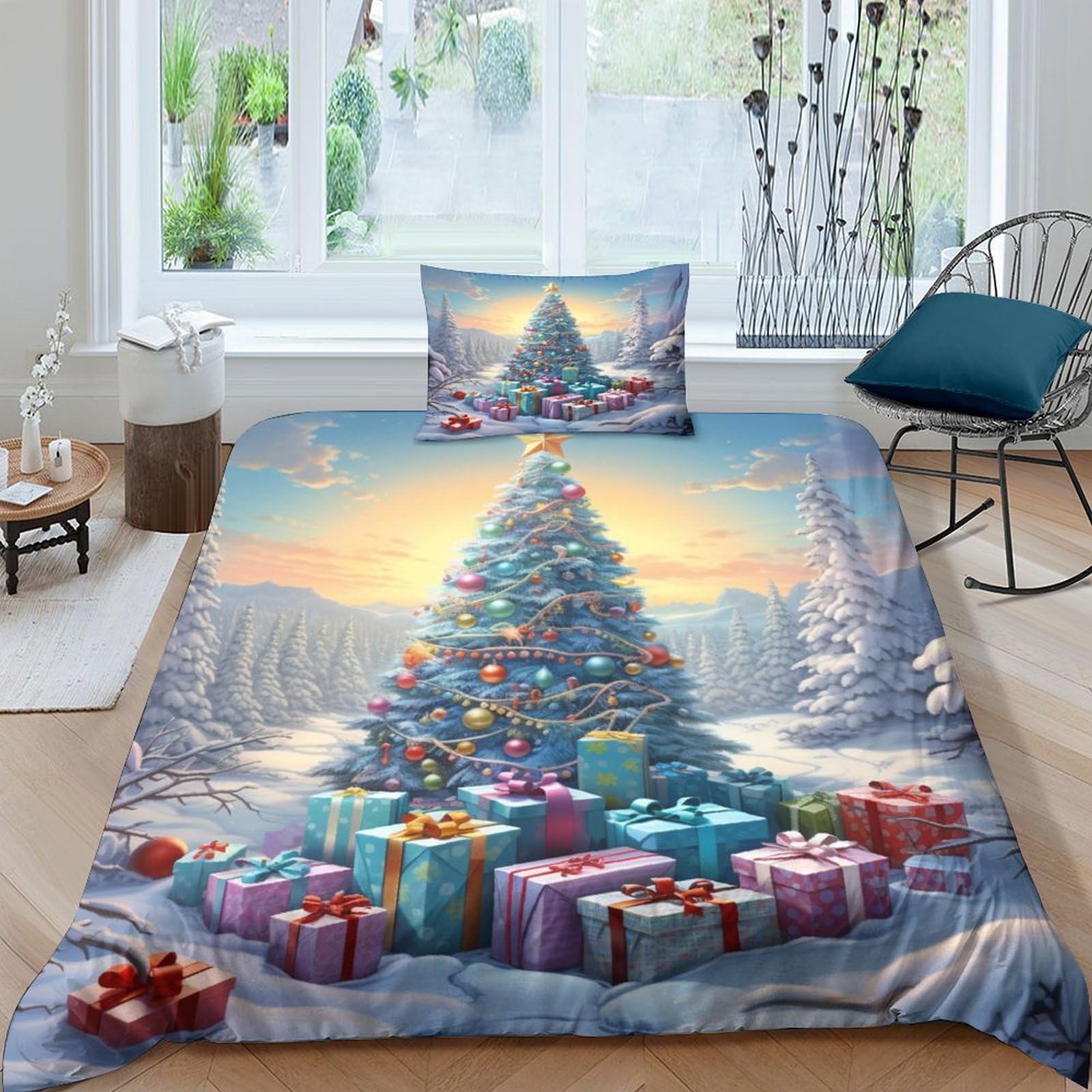 GUYDZOOM Christmas Tree Duvet Cover Sets 3 PCS Hotel Quality Quilt Cover Bedding Set Bed Covers with Pillowcases with Zipper Closure Breathable Stylish Comforter Single（135x200cm）