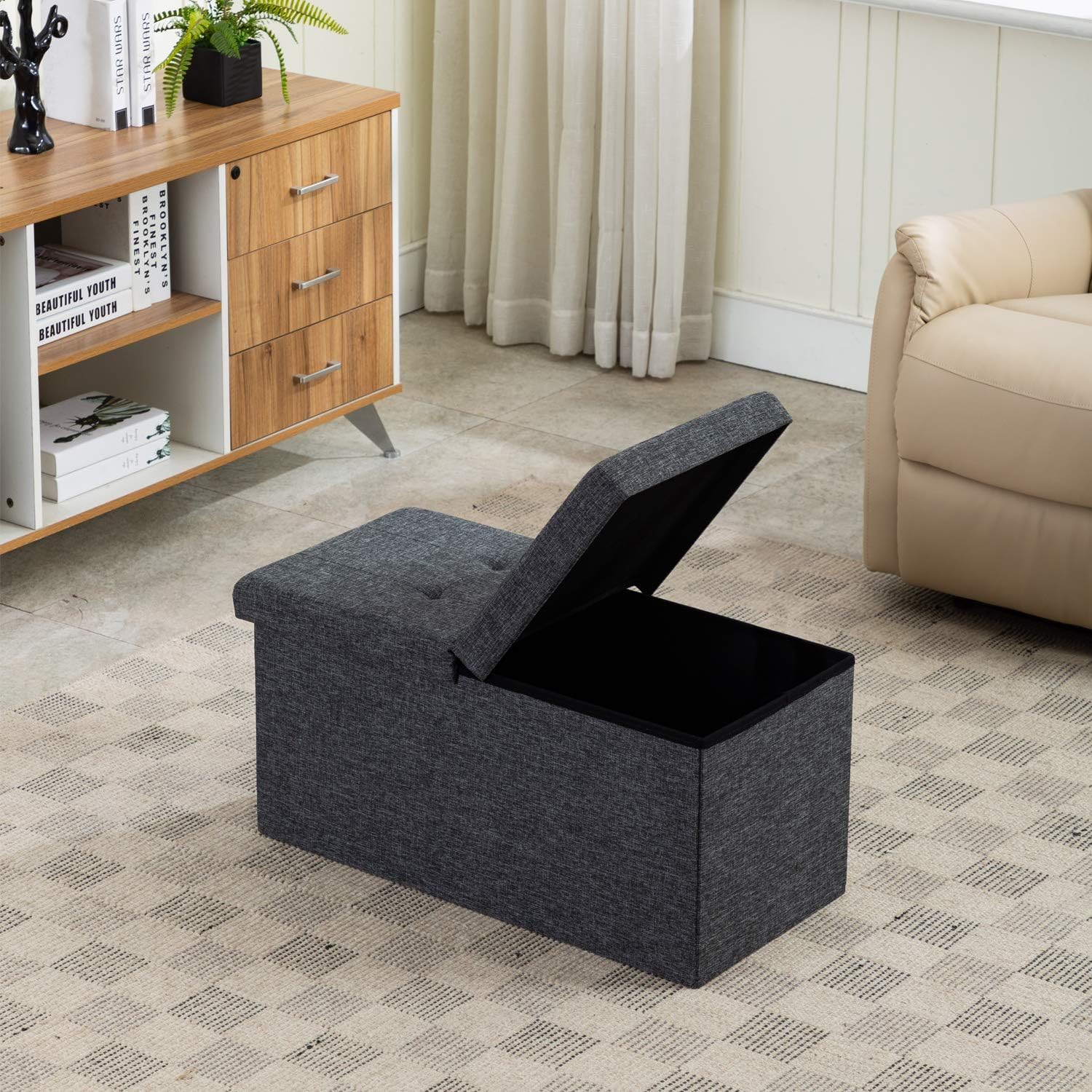 AUAG Smart Lift Top Linen Fabric Ottoman Bench Folding