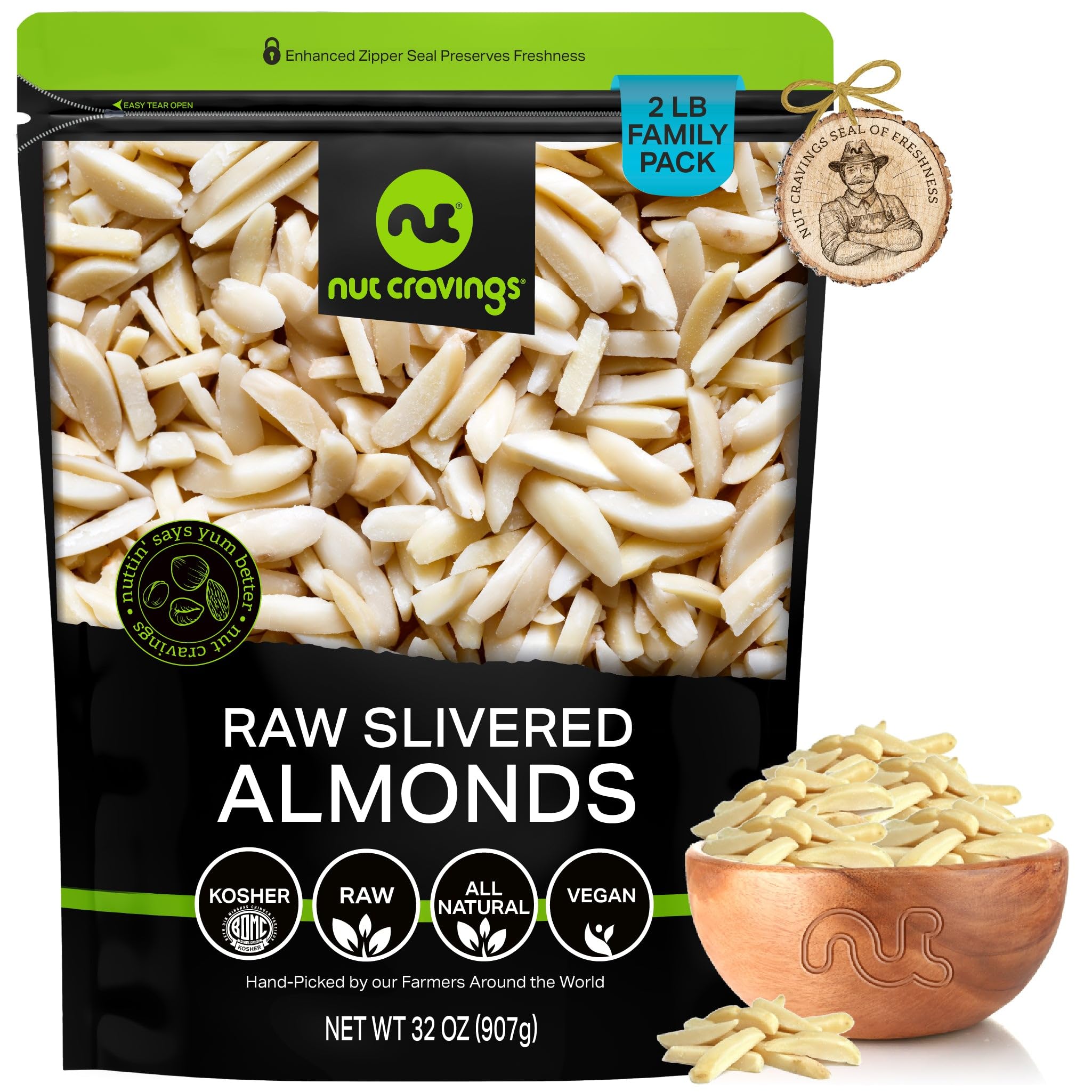 NUT CRAVINGS - Raw Slivered Almonds, Unsalted, (32oz - 2 LB) Packed Fresh in Resealable Bag - Nut Snack - Food Assortments Ideal for Trail Mixed Nuts