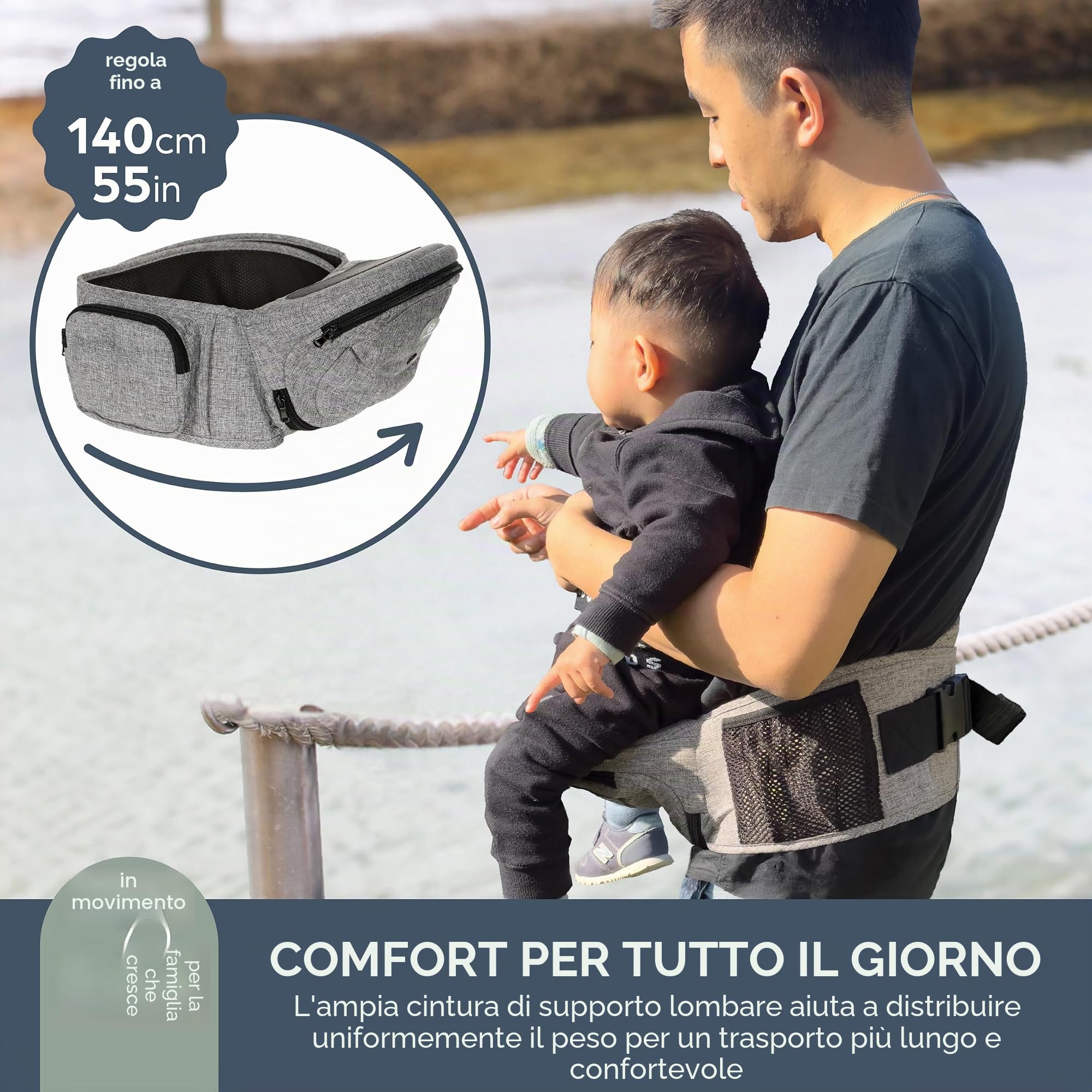 Dreambaby Up & Go - Marsupio porta bebè leggero con tasche portaoggetti, supporto ergonomico per i fianchi del bambino, cintura regolabile, adatto per bambini da 3,5 a 18 kg