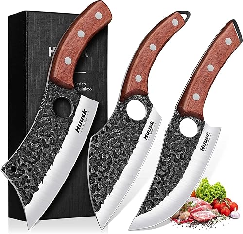 Huusk Juego de 3 cuchillos de carnicero japoneses para cortar carne, juegos de cuchillos vikingos forjados a mano con cuchillo de carne, juegos de