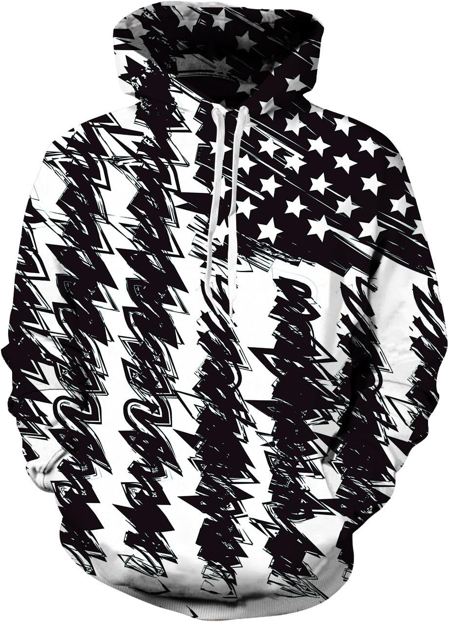 Ahegao Unisex Adult Fleece Hoodie Jackets Funny Design Black and White 3D Digital Printed Patriotic Long Sleeve Warm Hooded Sweatshirts with Big Pocket for 80s Womens Man Winter Casual Outfits M