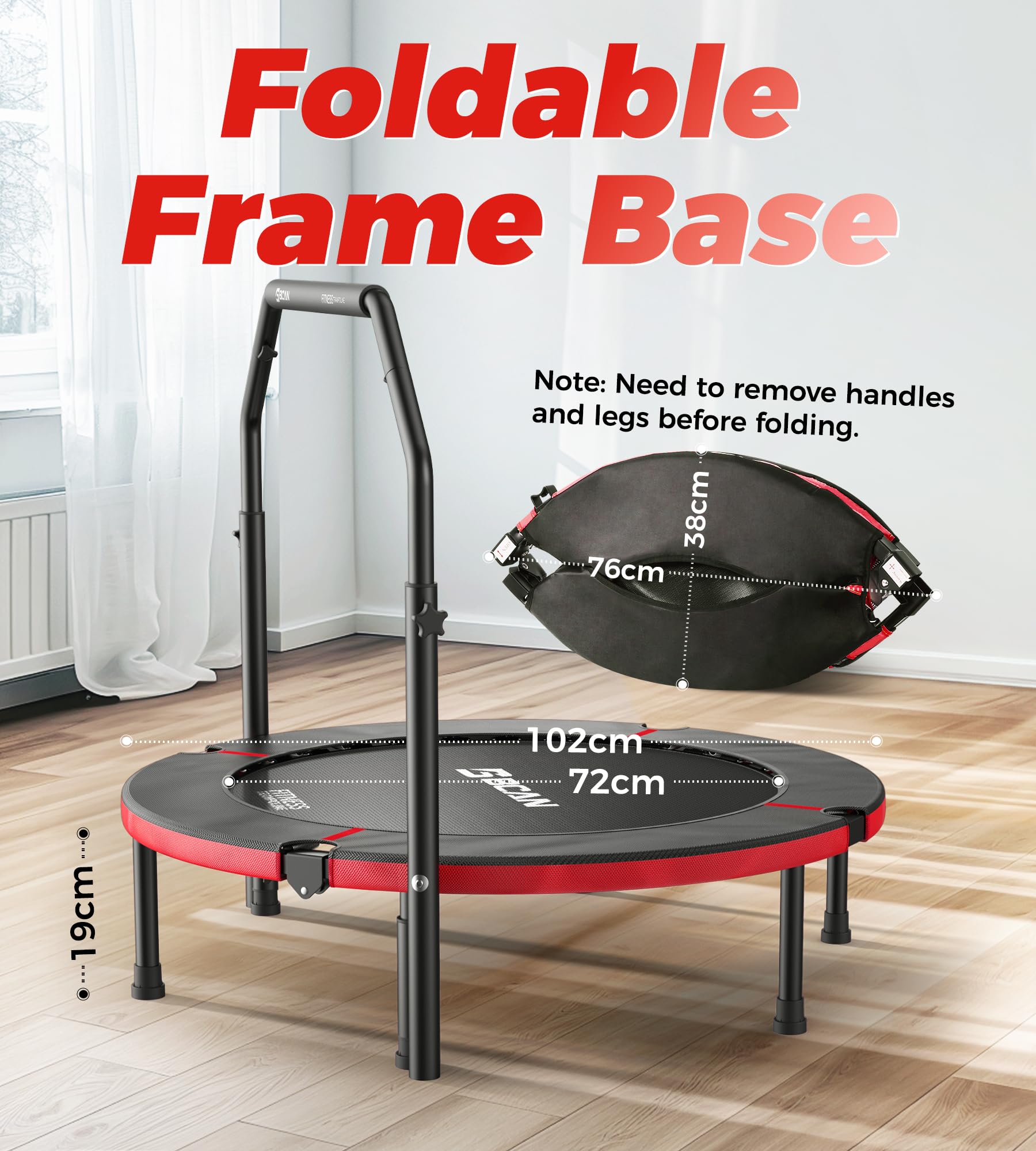 BCAN Trampolina do wnętrz, 102 cm Trampolina do skakania Fitness, składana, nośność 150 kg, wzmocniona sprężyna, regulowany uchwyt z wyściółką piankową, odpowiednia dla dorosłych i dzieci