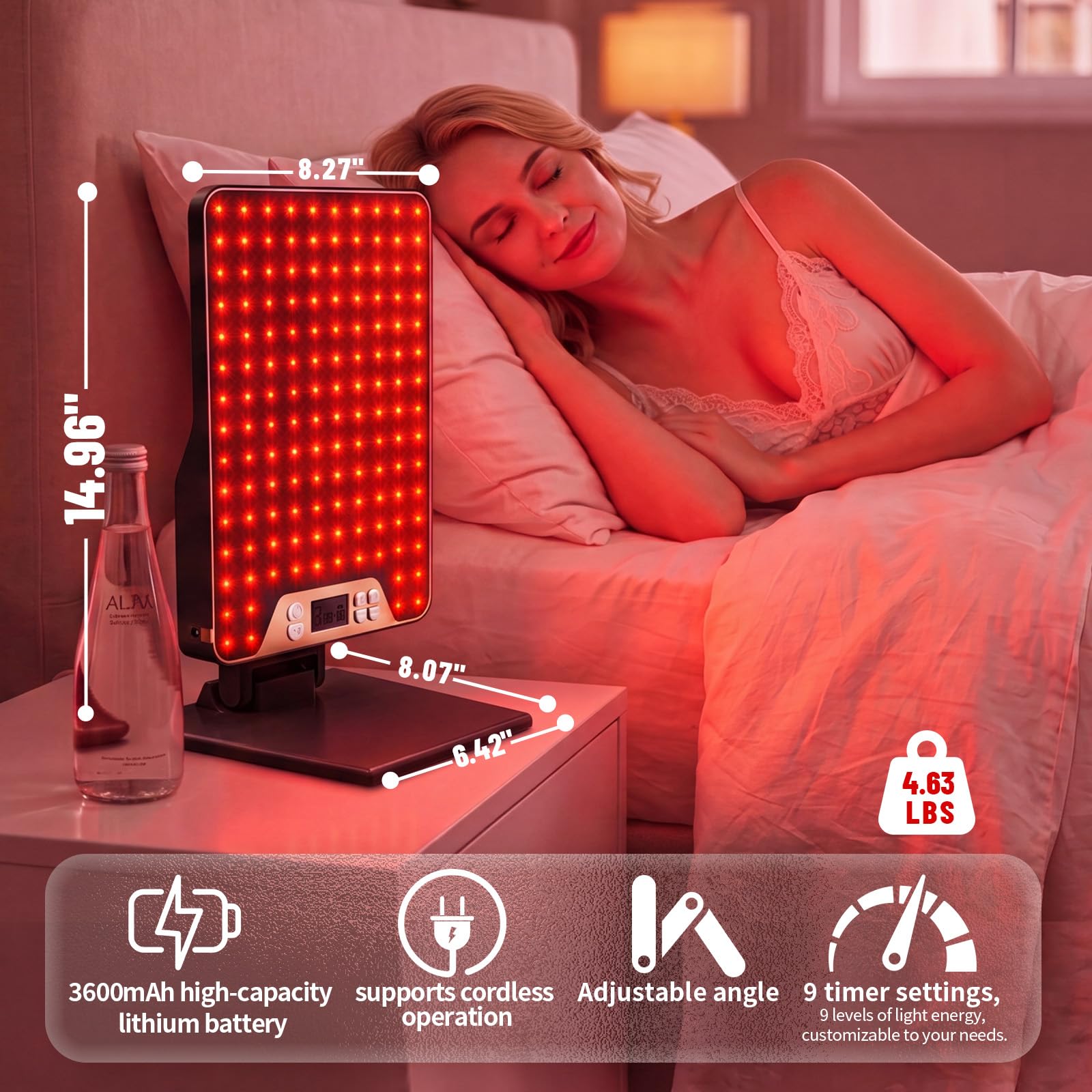 Panel de terapia de luz roja LED, 9 ajustes de temporizador, color negro