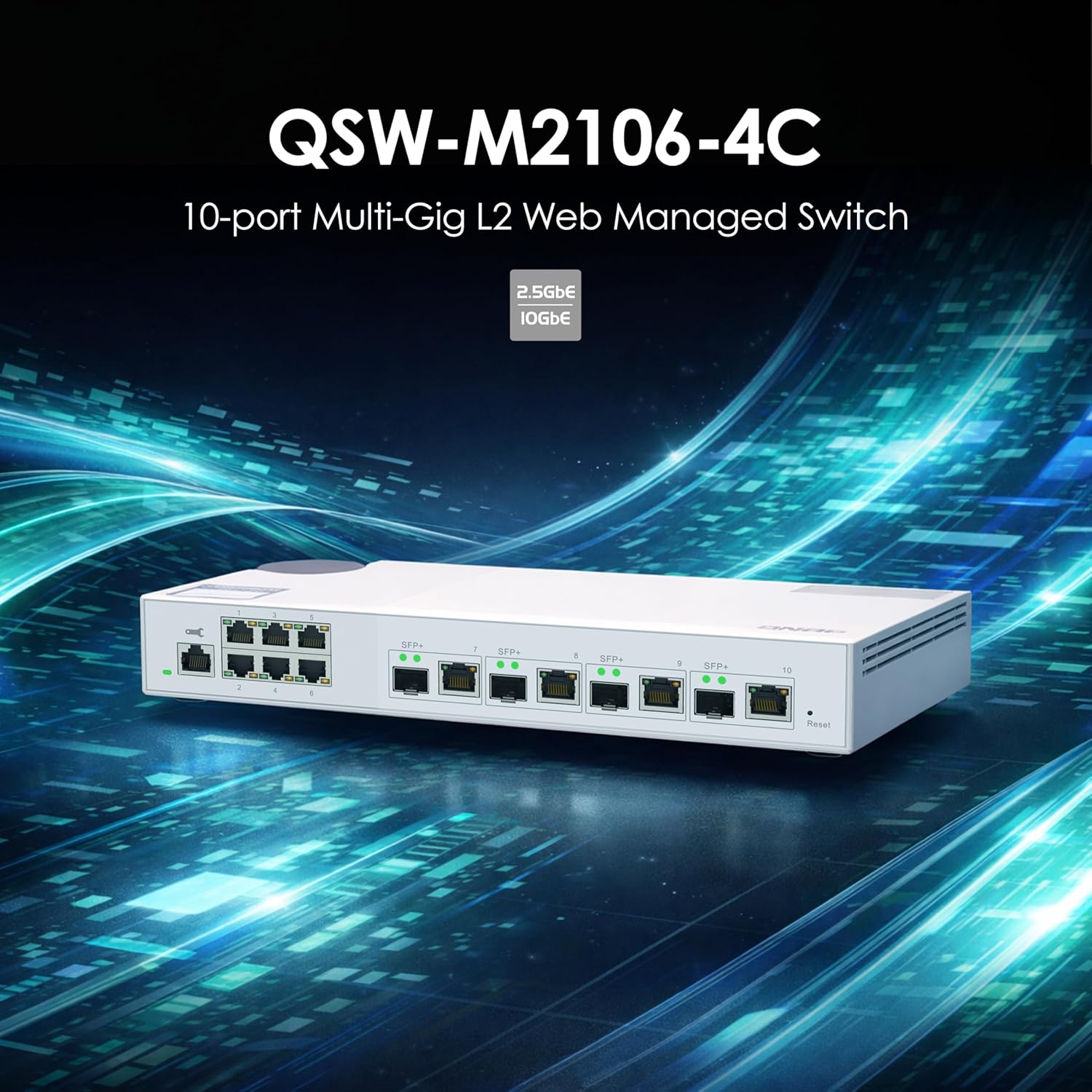 QNAP 10-Port 10GbE Layer 2 Managed Switch with 4 x 10GbE SFP+/RJ45 Combo and 6 x 2.5GbE RJ45 Ports (QSW-M2106-4C-US)
