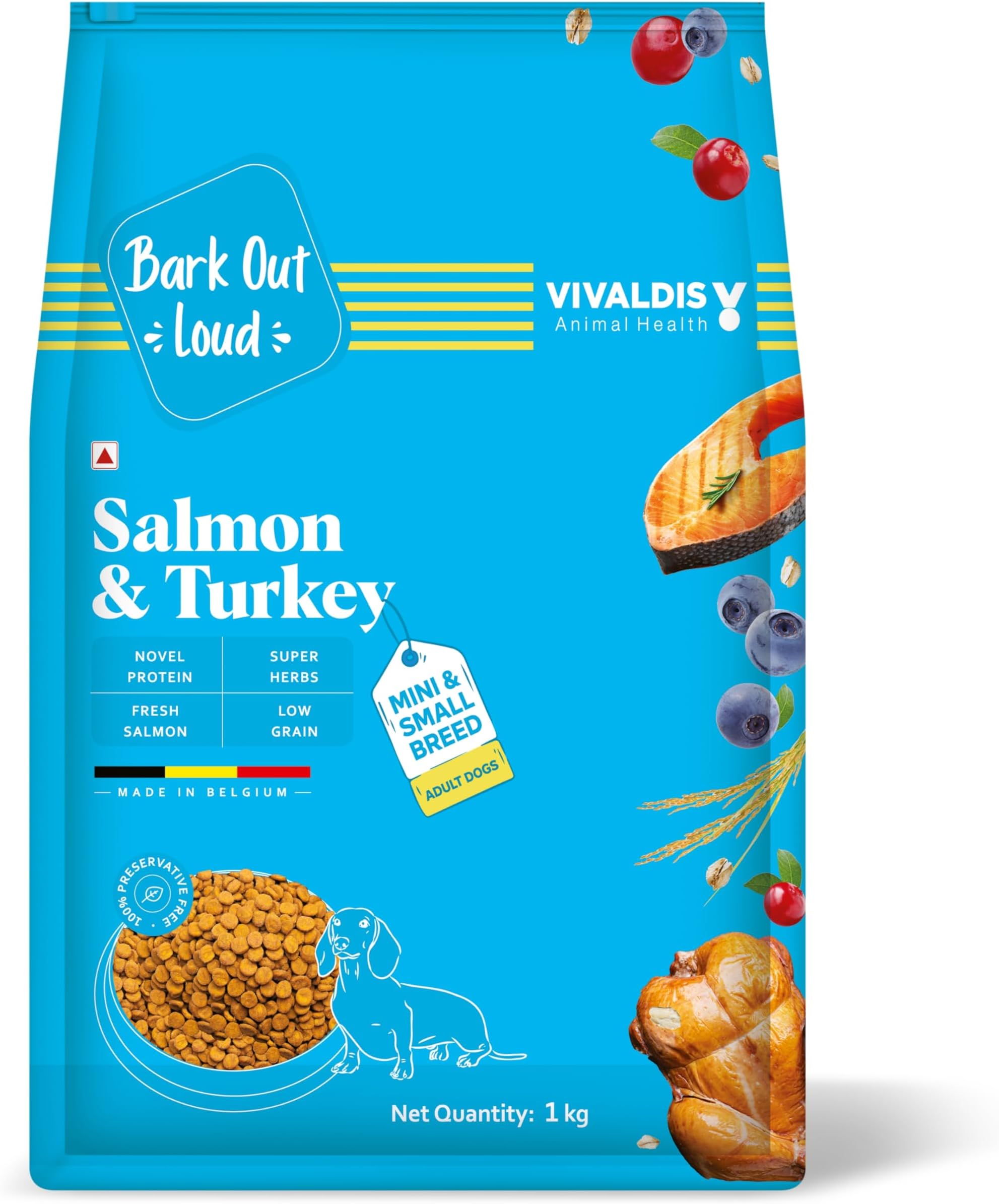 Bark Out Loud Adult Dry Dog Food for Small & Mini Breed – Salmon & Turkey | Low Grain, Rich in Novel Protein & Prebiotics | Fresh Salmon, Super Herbs for Healthy Digestion |for Shihtzu, Poodle 1kg