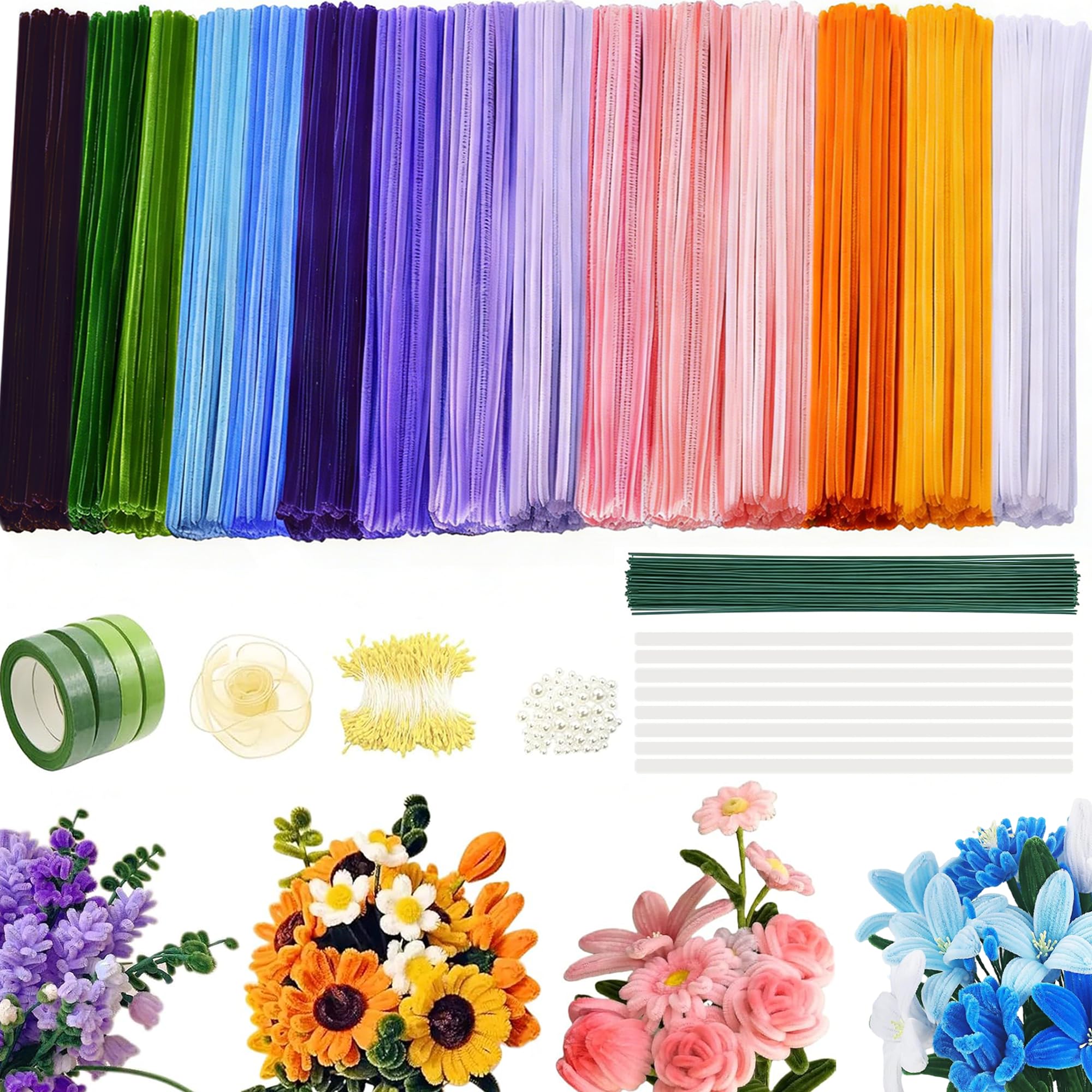 Kit Complet Fleurs en Fils Chenille 850 Cure-Pipes 15 Couleurs avec Étamines Artificiel pour Décoration DIY