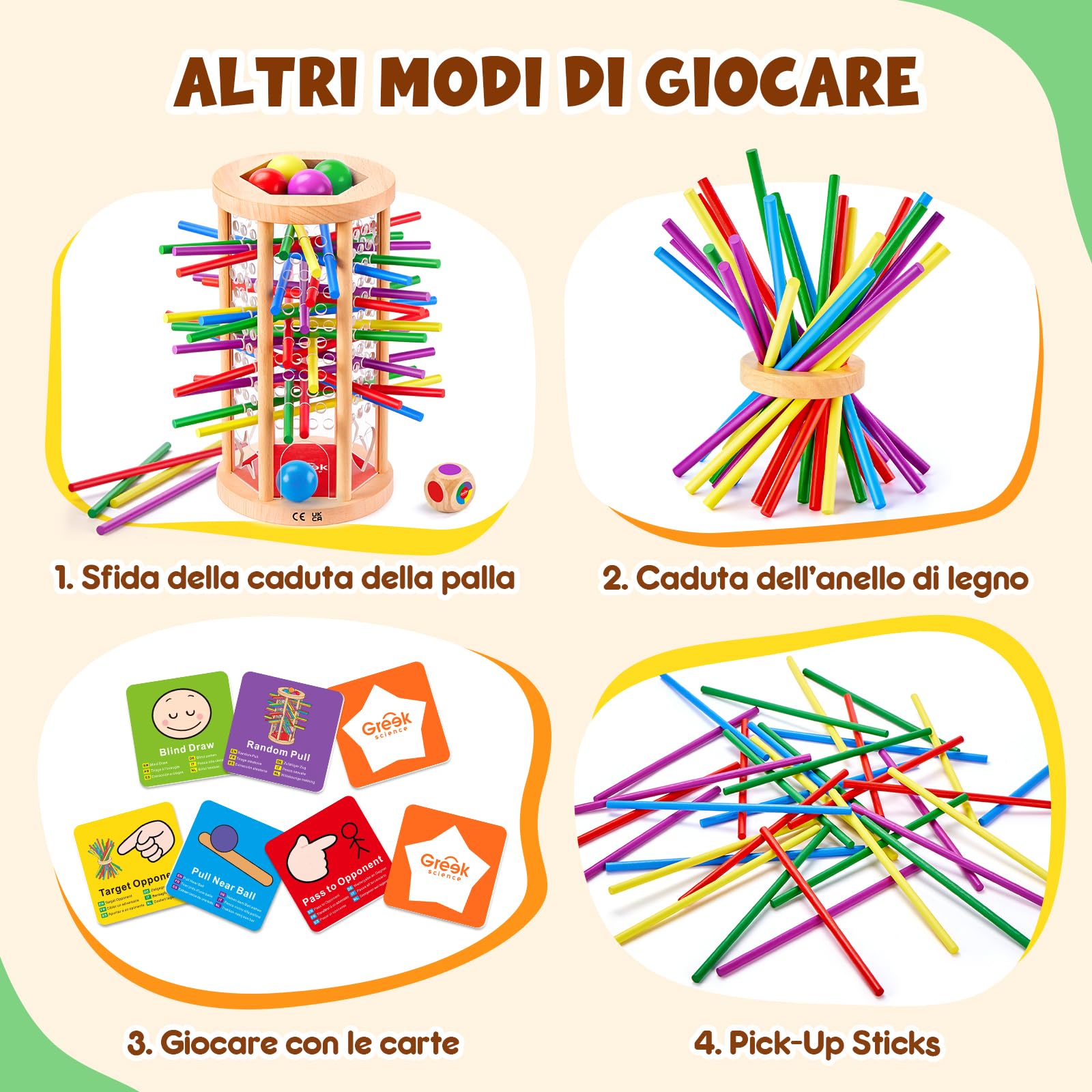 Gioco in Legno Stick Pull con Carte Sfida | Gioco strategia equilibrio legno, gioco da tavolo, gioco familiare senza schermi, gioco bambini 3-10, regalo Natale