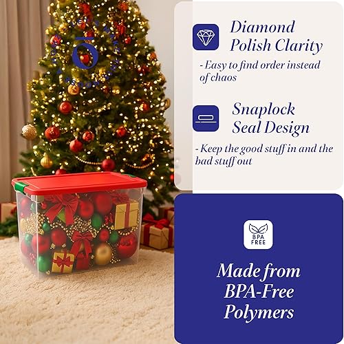 Miniatura 3 de HOMZ Paquete de 4 contenedores de almacenamiento de plástico transparente con tapas y divisores, 112 cuartos de galón, color rojo, contenedores