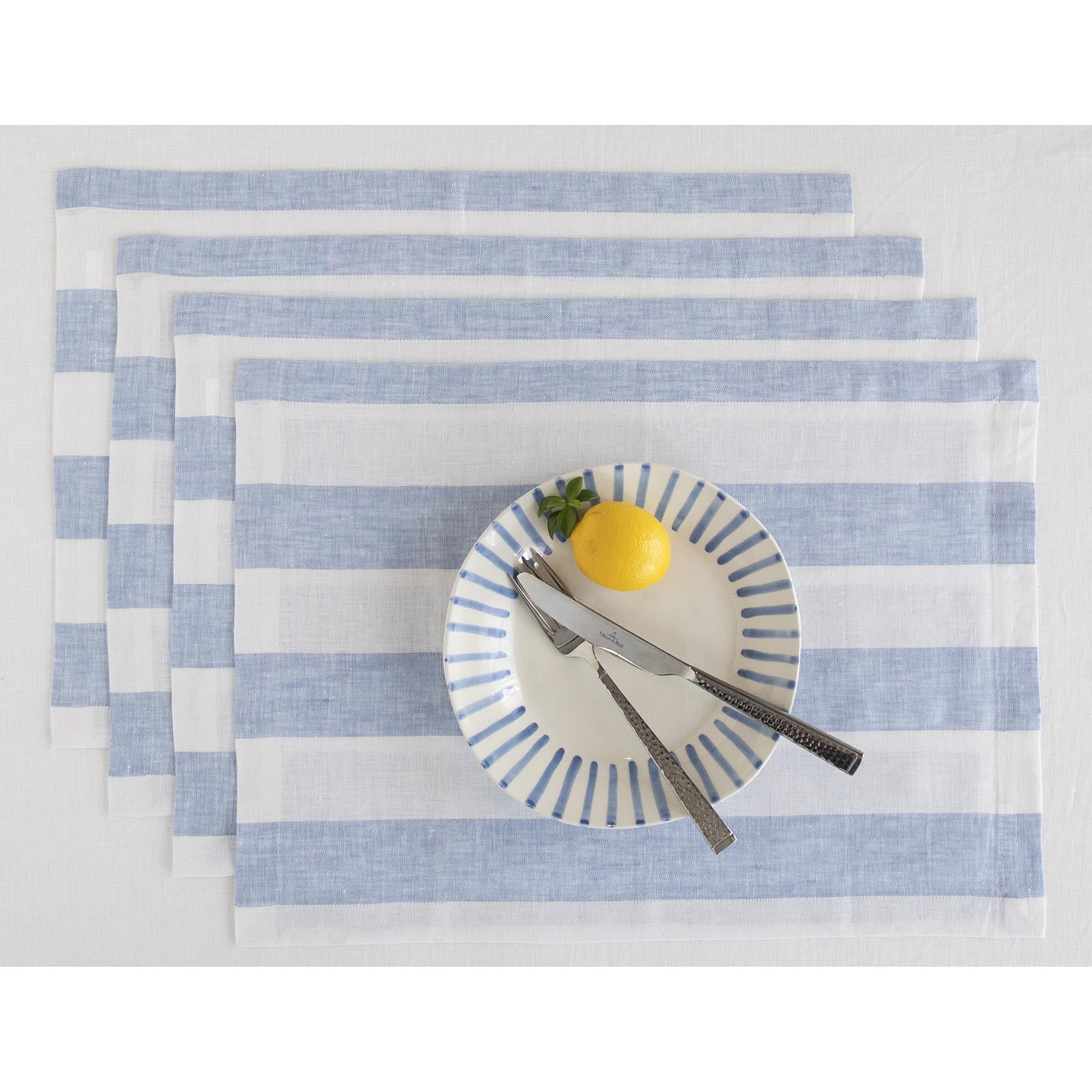 Solino Home Linen Placemats Set of 4 - Cabana Stripe Sky Blue and White Placemats 14 x 19 Inch - 100% Pure Linen Place Mats for Spring, Easter