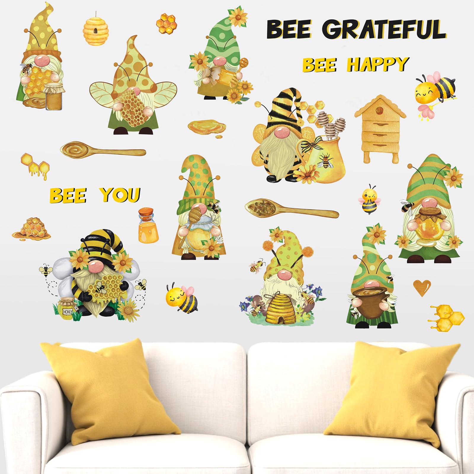 KAIRNE Bee Window Stickers Daisy Honeycomb Spring Summer Sticker Bee Happy Window Clings Gnomes Honeypot Wall Decals for Living Room Bedroom Yellow Sunflower Watercolor Clings for Store Showcase - Image 4