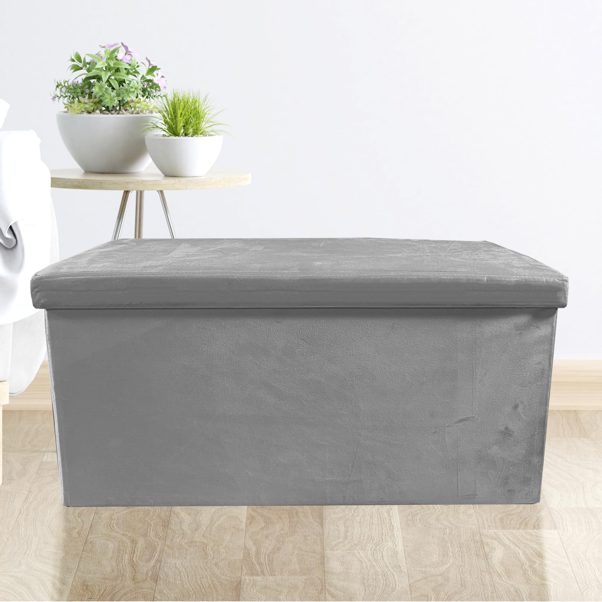 Nyana Puff Ottoman Rectangular Terciopelo Plegable 76x38x38cm Home | Gran Almacenaje | Estilo Otomano | Terciopelo Suave (Gris)