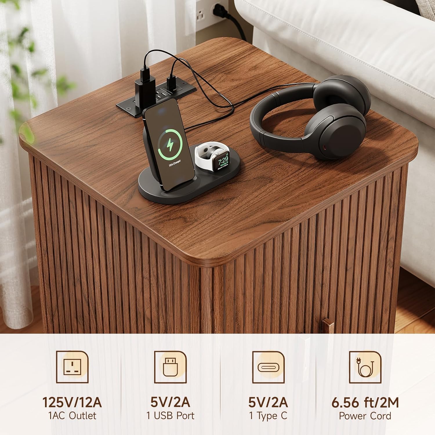 ONBRILL Square End Table with Storage & Charging Station, Fluted Accent Side Table with Sliding Door & Sturdy Pedestal, Mid-Century Modern Nightstand for Small Space, Living Room, Bedroom, Walnut