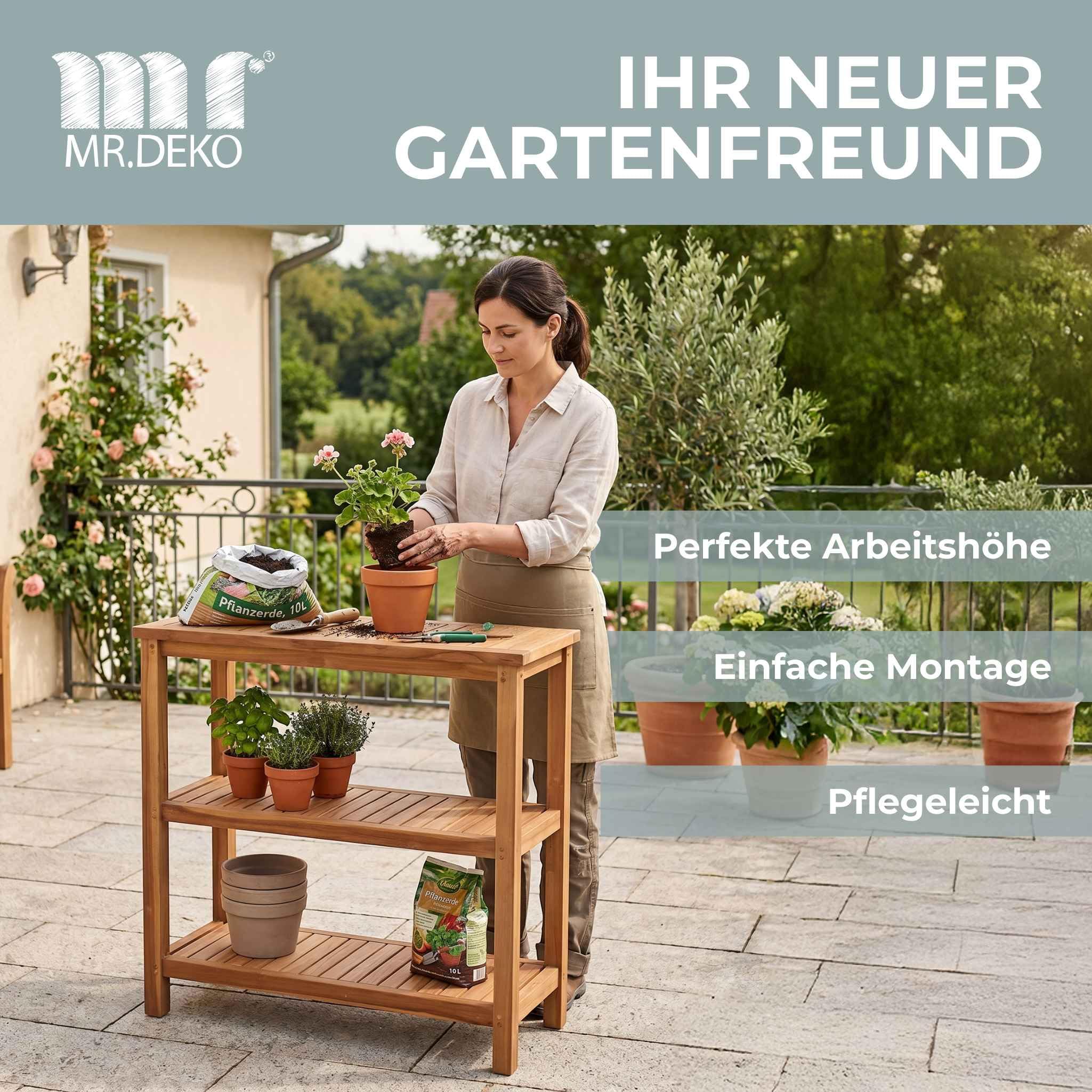 Mr. Deko Pflanztisch Filton Teak-Holz 100x110x40 cm | Massivholz Gartenregal | Garten-Regal Wetterfest | Holzregal Outdoor | Zertifiziertes Plantagen-Teak Unbehandelt Stabil 50 kg Belastbarkeit