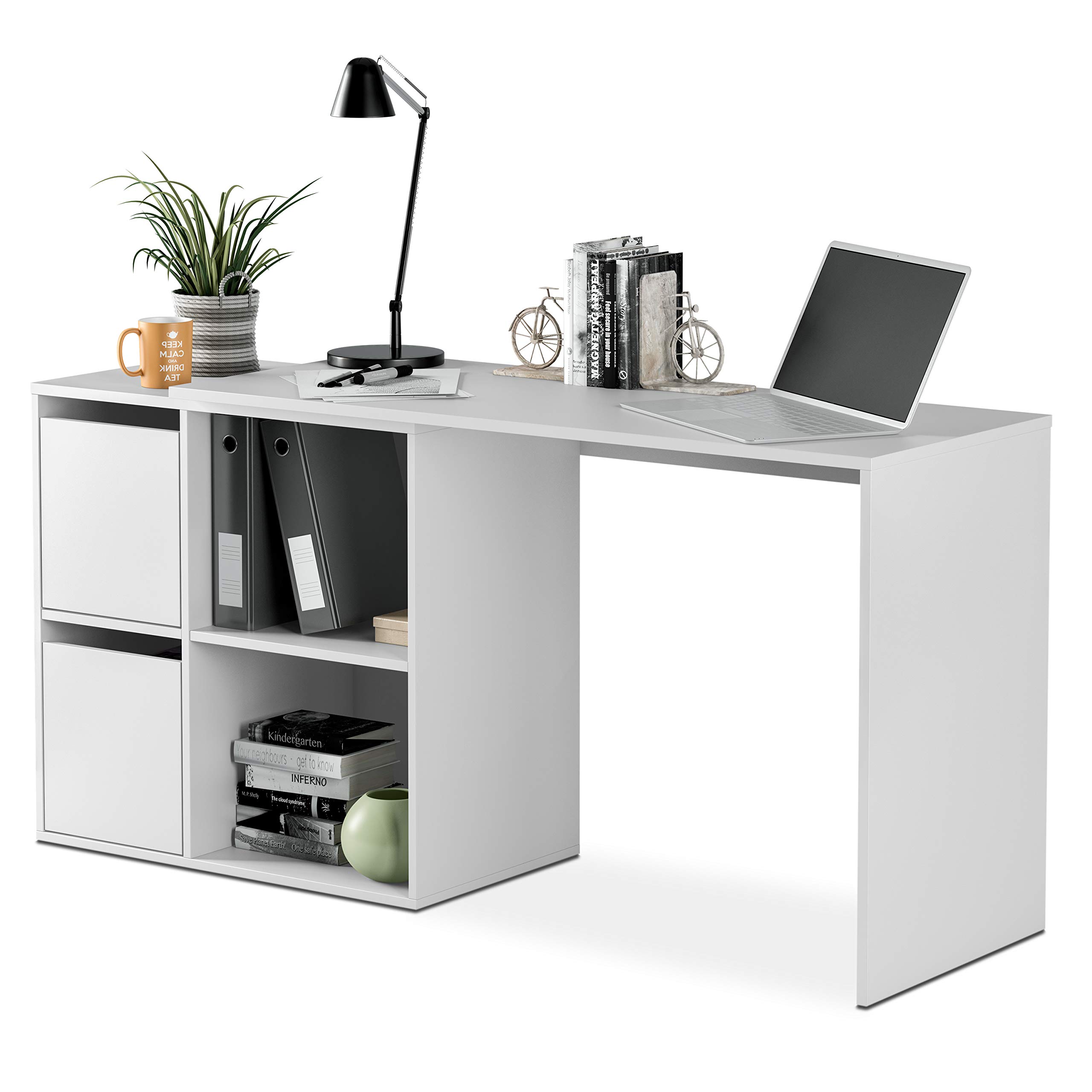 duehome | Escritorio, Mesa despacho Reversible, Mesa multiposición, Estudio, Modelo Spacio, Acabado en Blanco Artik, Medidas: 120 cm (Largo) x 77 cm (Fondo) x 74 cm (Alto)