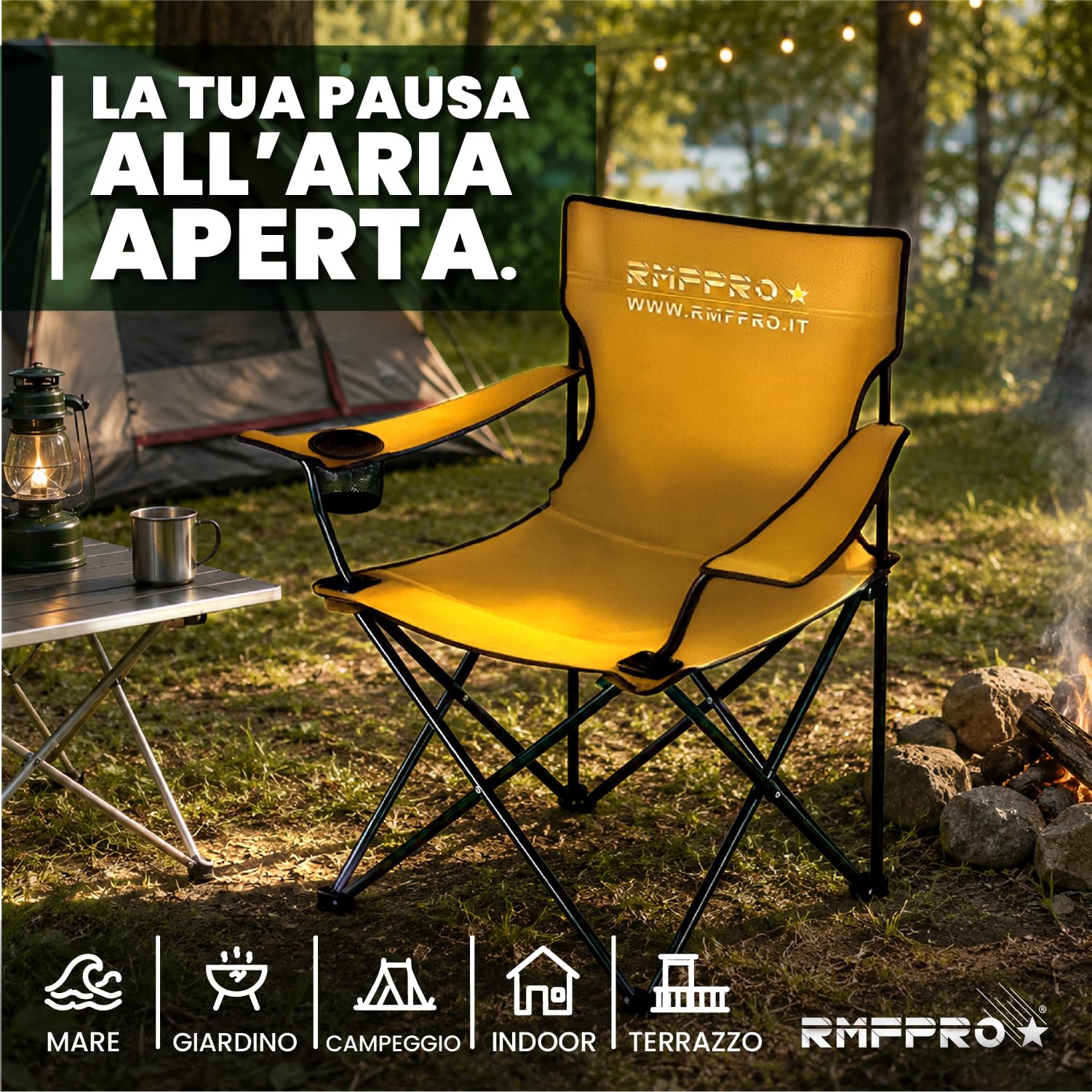 Set de 4 Sillas Camping Plegable con Asiento Cómodo y Relajante, Silla de Playa Portátil con Posavasos - Silla Mar y Jardín, Tejido Ligero Transportable Silla de Exterior Amarillo