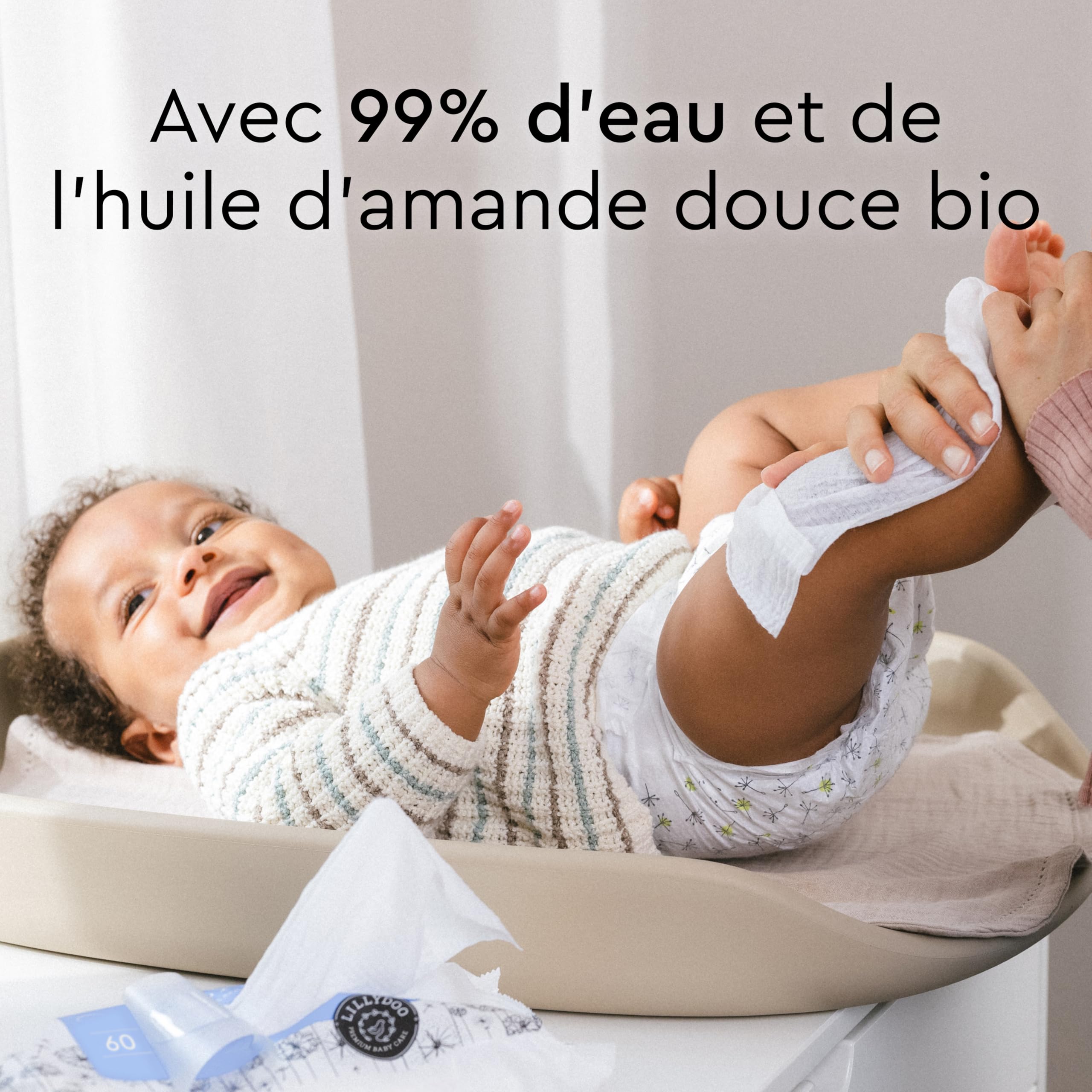 Lingettes LILLYDOO pour bébé faites à 99% d'eau, Lot de 5 x 60 (300 pièces), tissu 100% sans plastique, sans parfum et doux comme du coton et de l'eau