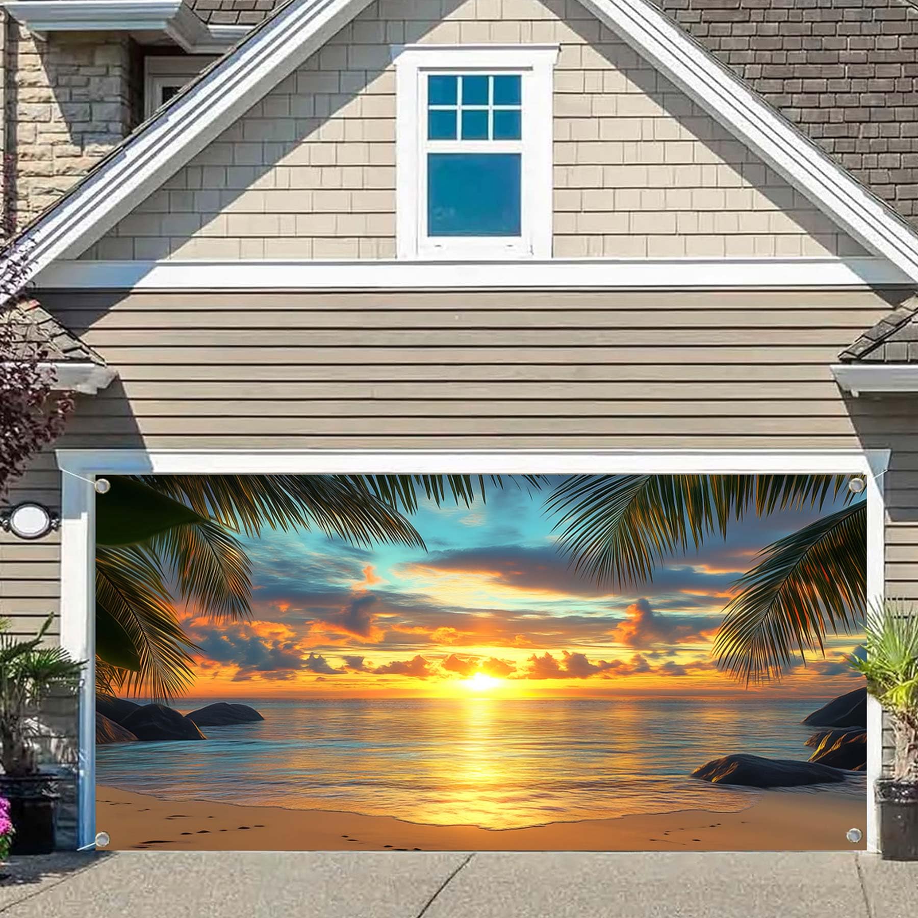 16X7FT Sunset Beach Garage Door Cover Decorations, Hawaii Tropical Sea Seaside Sunset Scenery Garage Door Backdrop Background, Summer Ocean Palm Trees