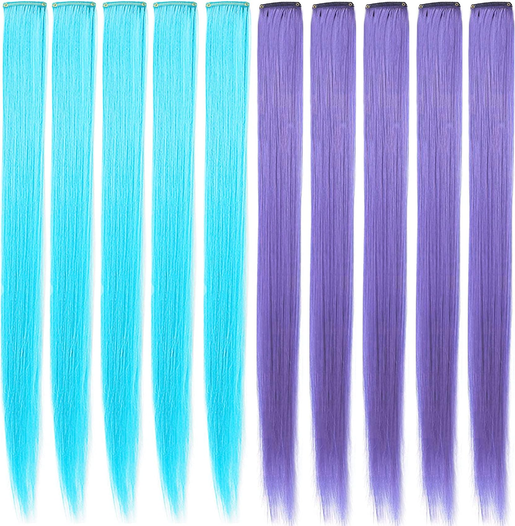 IAMERUI Multicolors Party Highlights Straight Hair Colorful Clip in Synthetic Hair Extensions in Multiple Colors Heat Resistant Long Hairpiece 16PCS (Sky Blue+Lavender)