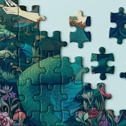 Miniatura 3 de Rompecabezas de sirena oceánica de 1000 piezas, rompecabezas de mandala de hadas de princesa marina para adultos, rompecabezas redondos verdes