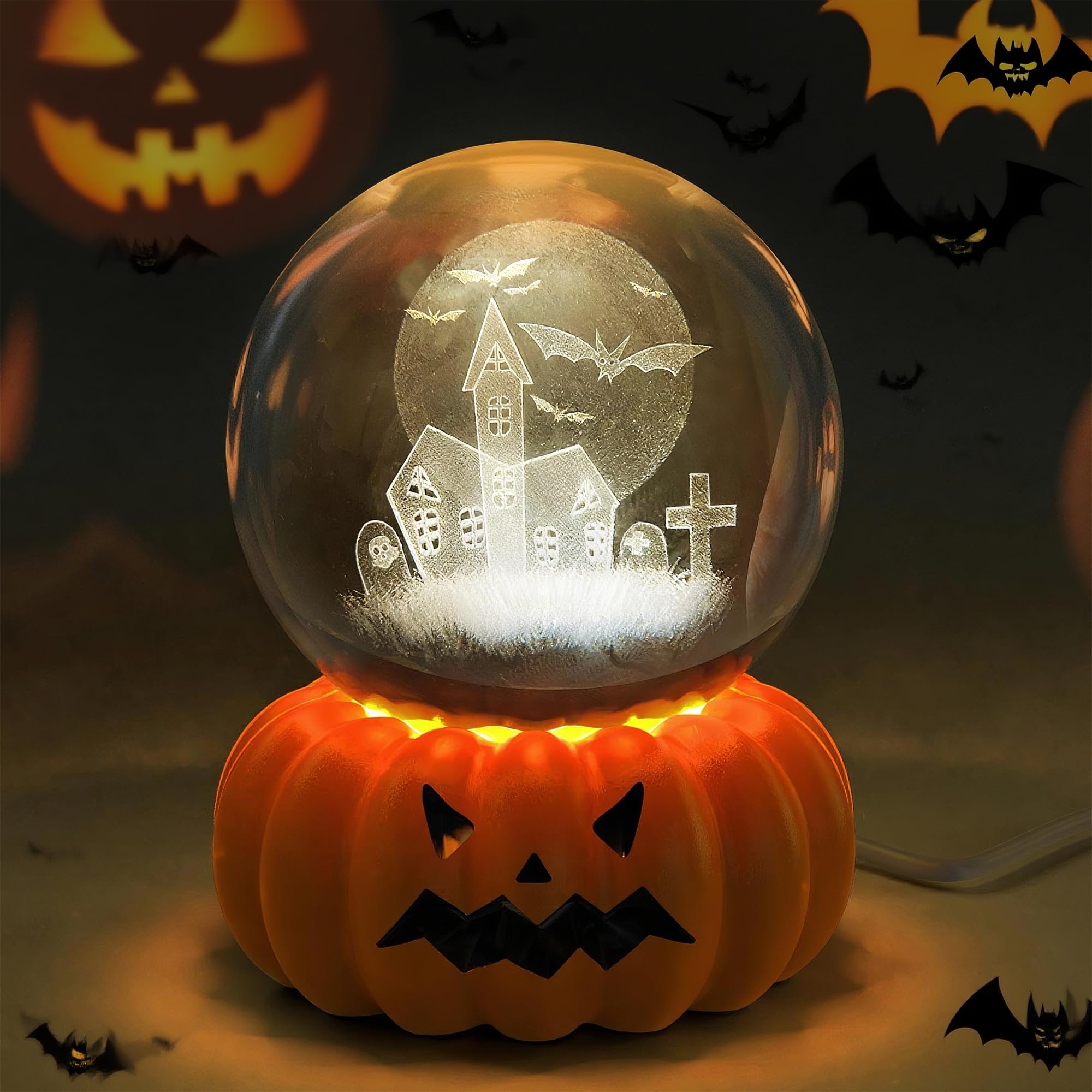 L LOHAS LED 3D Crystal Ball Night Light-Laser Engraved Haunted House Bat