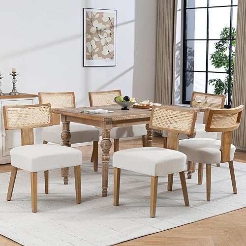 Miniatura 33 de Juego de 4 sillas de comedor tapizadas de ratán, sillas de comedor estilo de mediados de siglo moderno con tela, con estructura de madera dura Marco