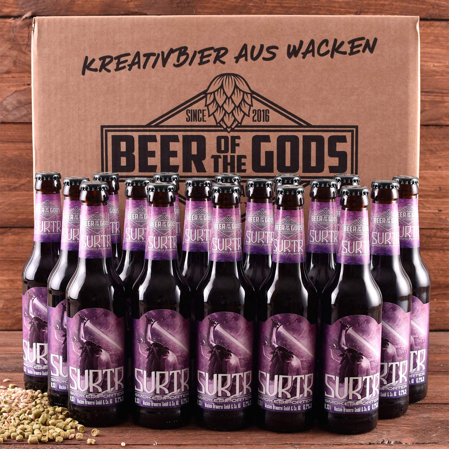 Wacken Brauerei Surtr - Pack de cervezas caseras - 20 botellas de 0,33 l de cerveza porter oscura/negra ahumada - La cerveza de los dioses - Ganadora del World Beer Award