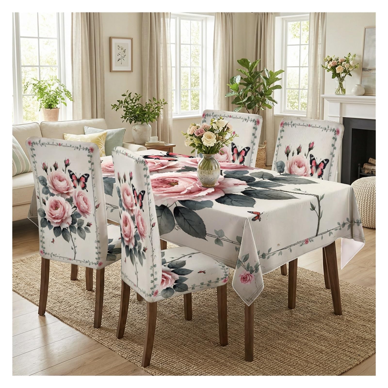 BOSUYBN Vintage Pink Rose Butterfly Floral Border Printed Dining Tablecloth & Chair Covers Set, 5/7 Piece Romantic Cottage Farmhouse Home Decor Table Setting(5pcs Set: Tablecloth+Chair Covers)