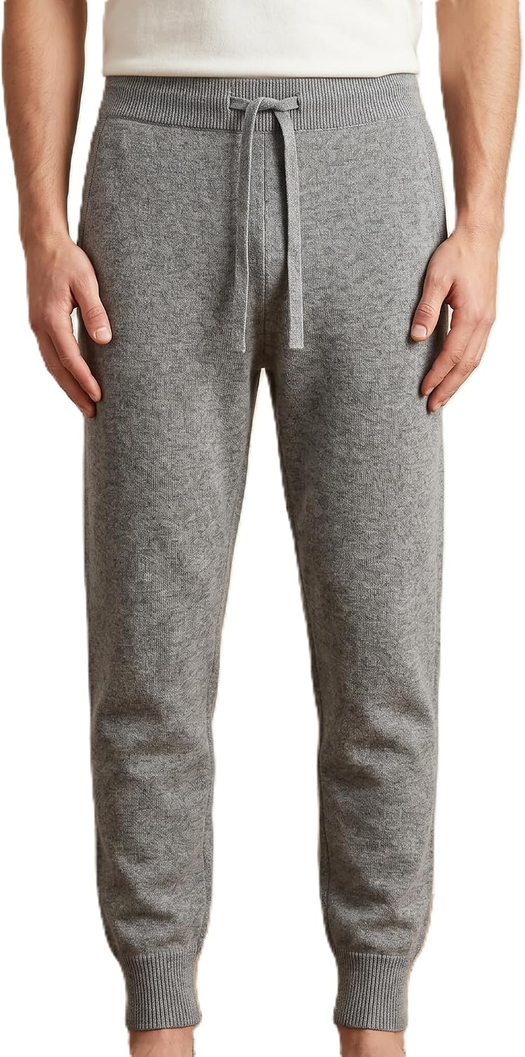 NPIA Certified 100% Cashmere Joggers Men | Undyed 2-Ply 16 Micron Organic Wool Lounge Pants | Natural Drawstring Sweatpants