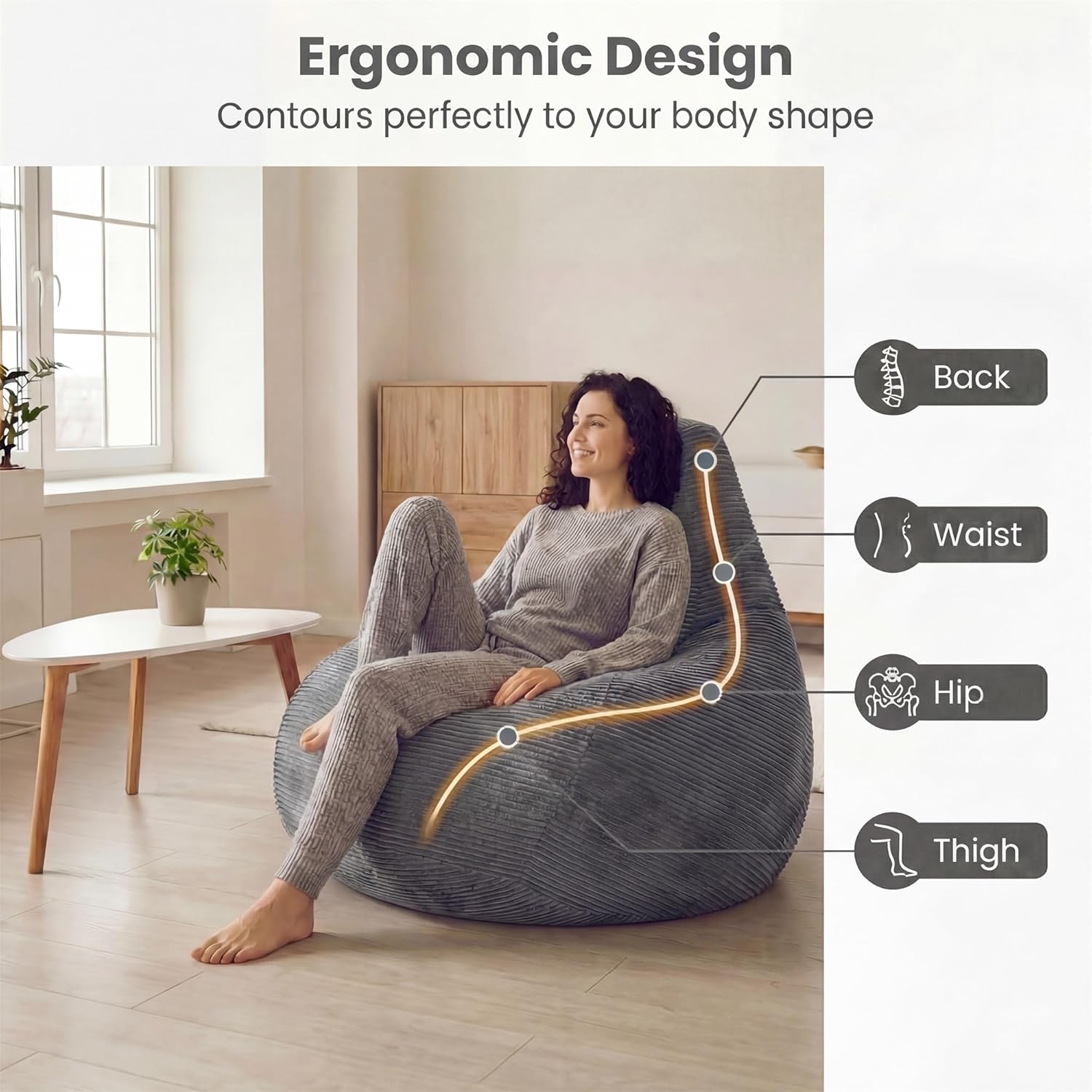 COSTWAY Bean Bag Chair for Adults & Kids, Corduroy Beanbag Chair for Teens, Comfy Sponge Filling Soft Lazy Sofa Chair for Living Room, Bedroom (Dark Grey, 32"x35"x28")