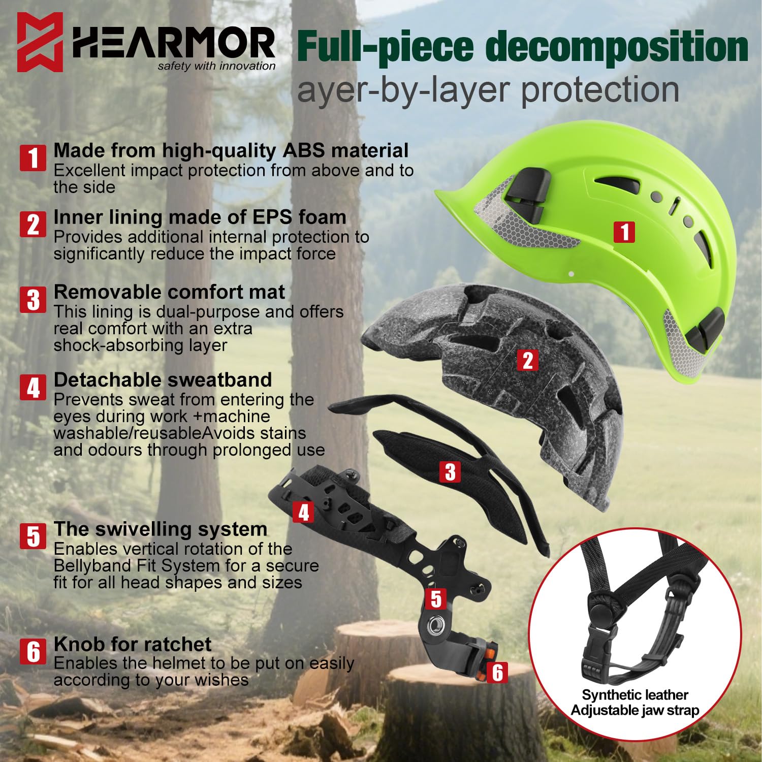 HEARMOR Mervex Forest Air Casque de sécurité ABS pour lieux de travail aériens forestiers Certifié EN12492 Conforme à la norme EN397 Résistant aux chocs et à la pénétration Casque de sécurité pour