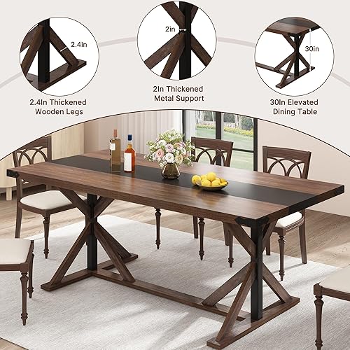 Miniatura 5 de Mesa de comedor de 71 pulgadas para 6 personas, mesa rectangular de cocina de granja con grosor impermeable, mesas de comedor largas con base de