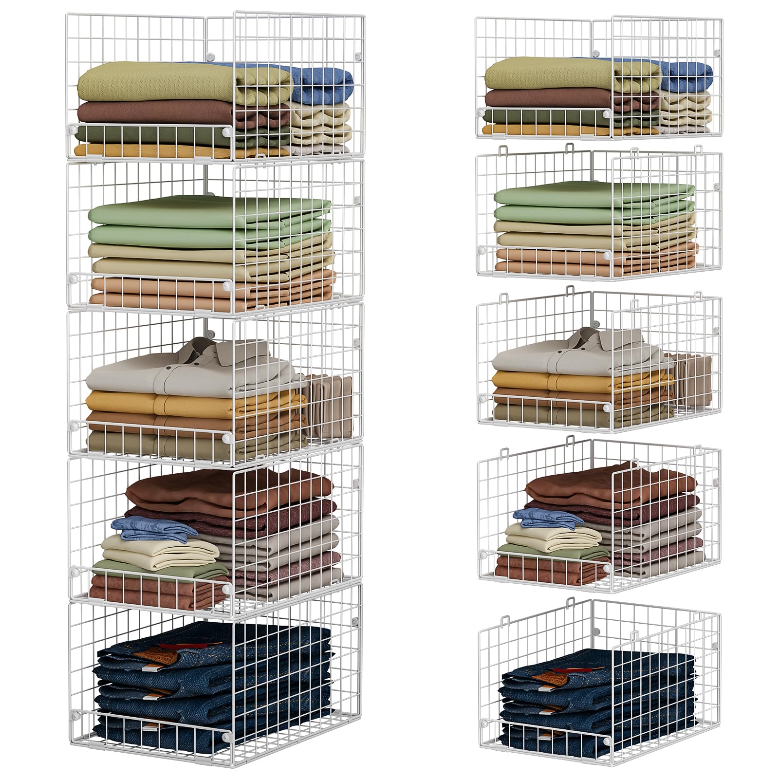5-Tier Stackable Closet Storage Shelves, Closet Organizers and Storage Basket, Foldable & Stackable Clothes Organizer for Closet Organizer System,Space-Saving Closet Storage Shelf for Home ,White